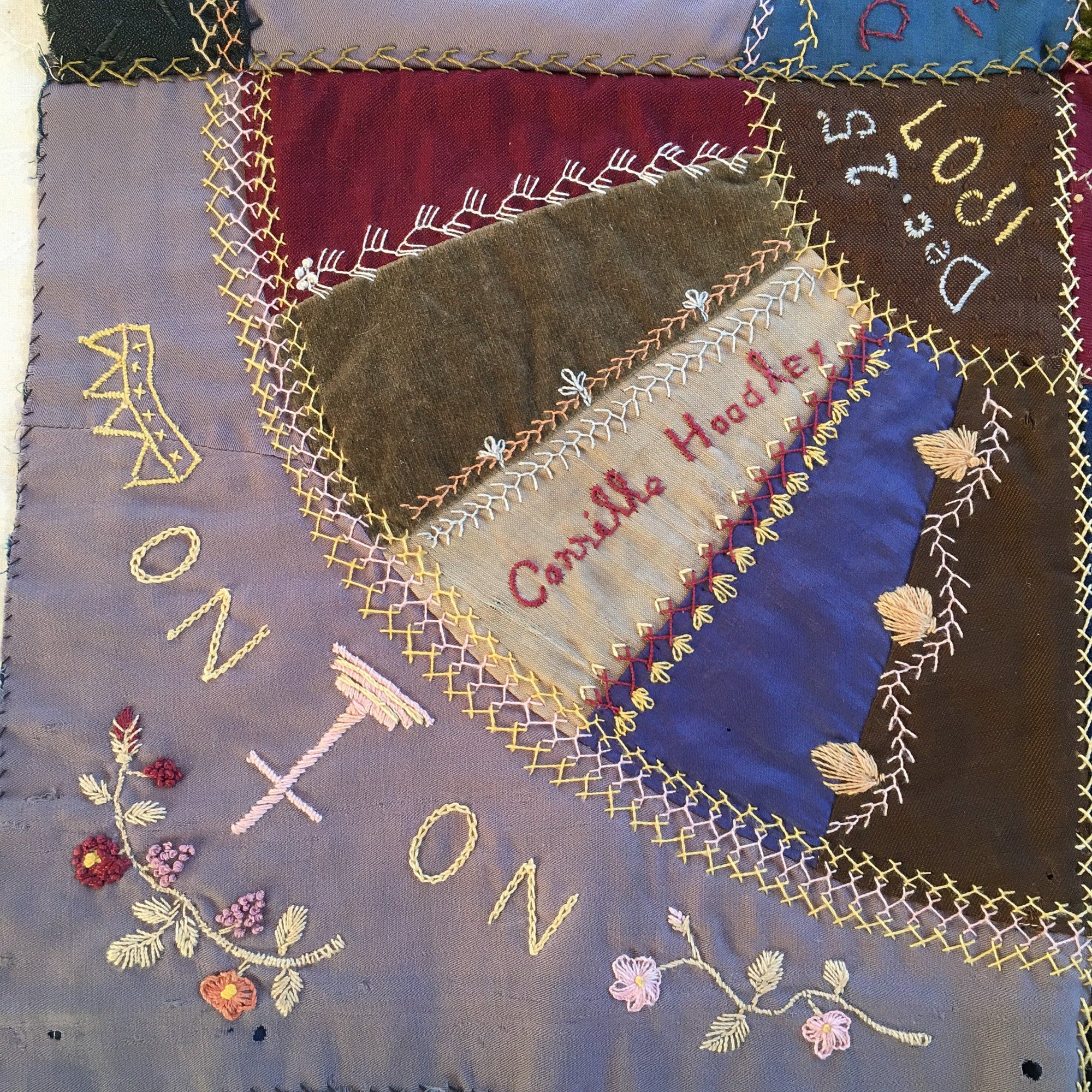 1907 Signed Quilt Square, Handstitched and Embroidered