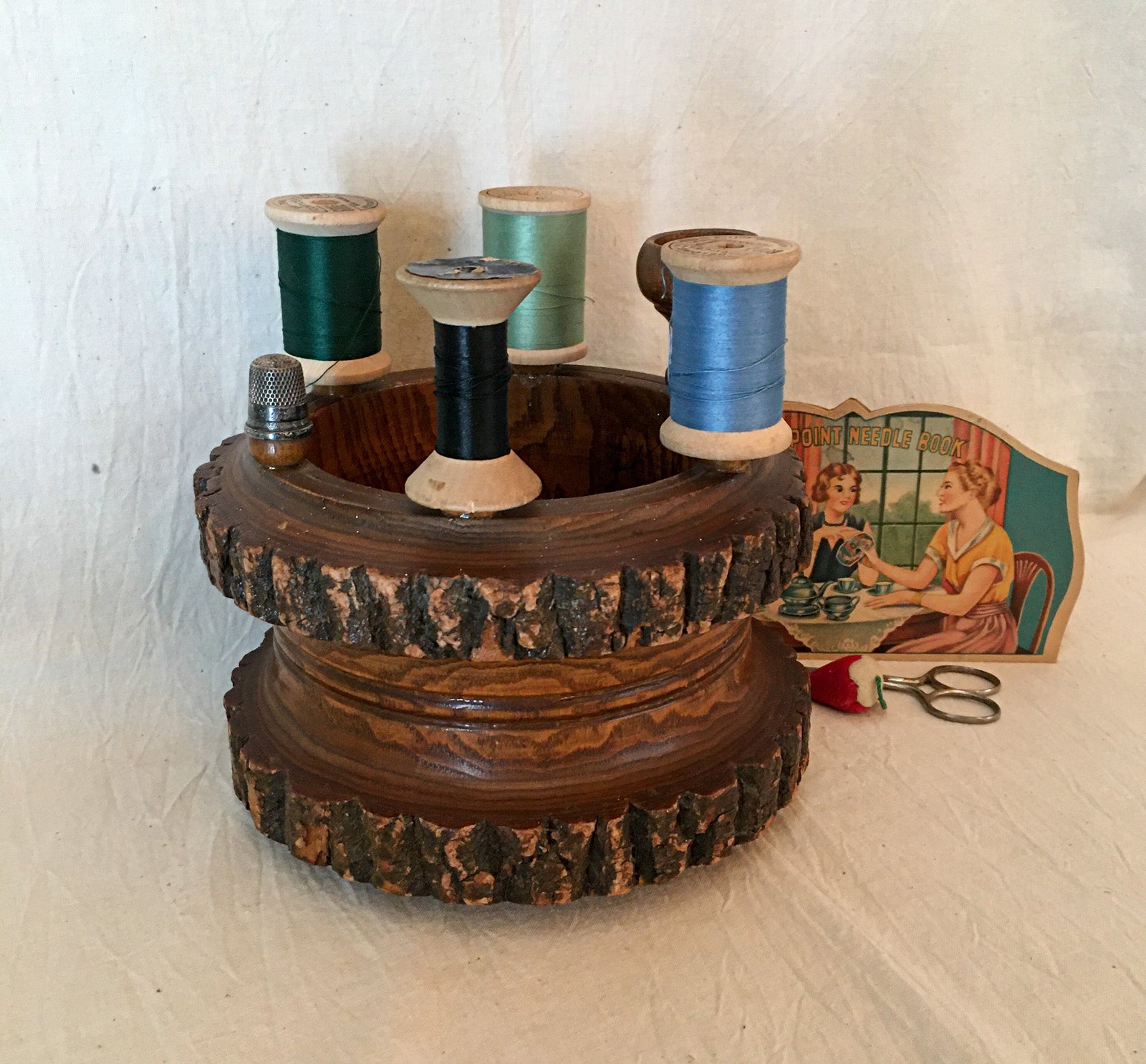 Mid Century Wooden Spool Holder, Sewing Caddy With Spools and Sterling Silver Thimble
