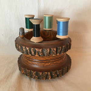 Mid Century Wooden Spool Holder, Sewing Caddy With Spools and Sterling Silver Thimble