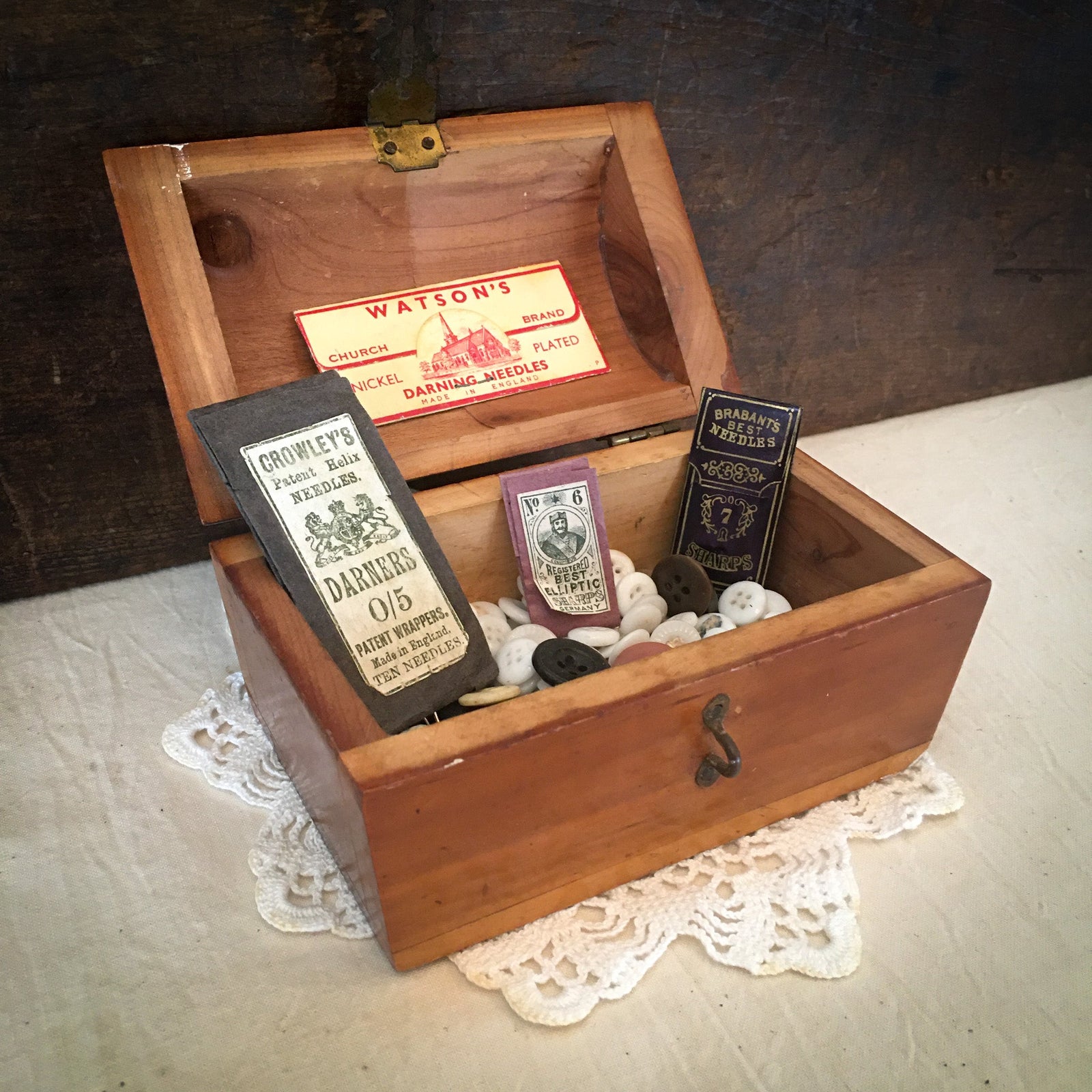 Mid Century “Treasure Chest” with Vintage Buttons and Needles