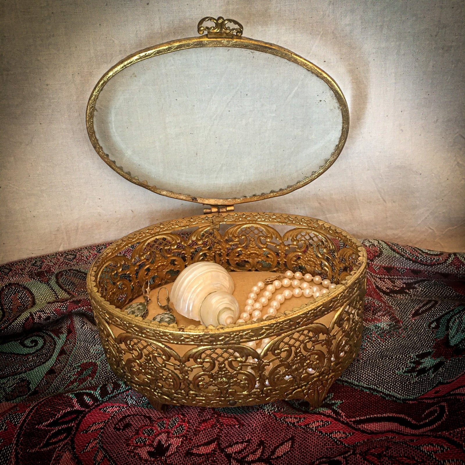 Vintage Glass and Brass Jewelry Casket