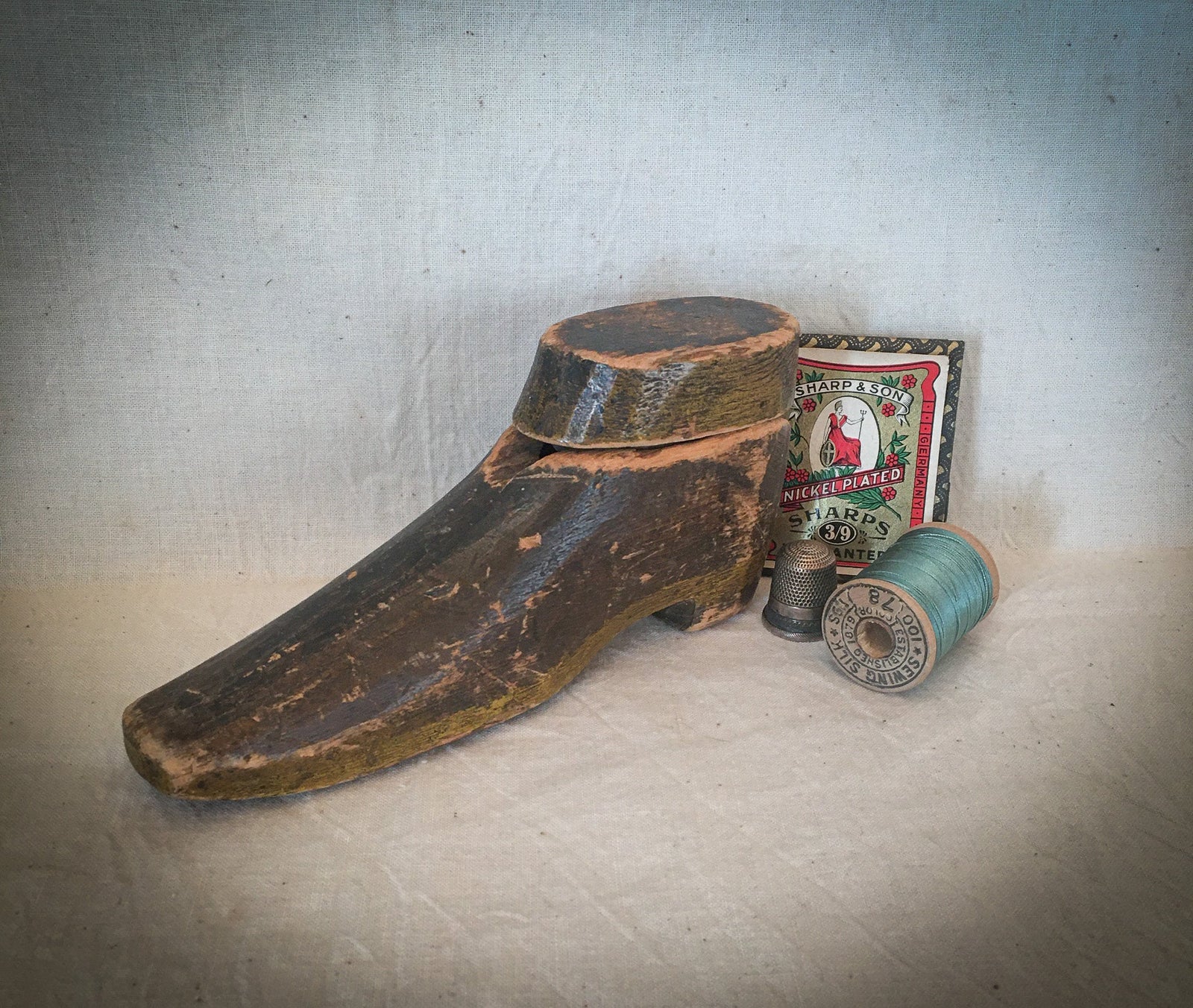 1880’s Folkart Primitive Wooden Shoe Keepsake Box/Inkwell