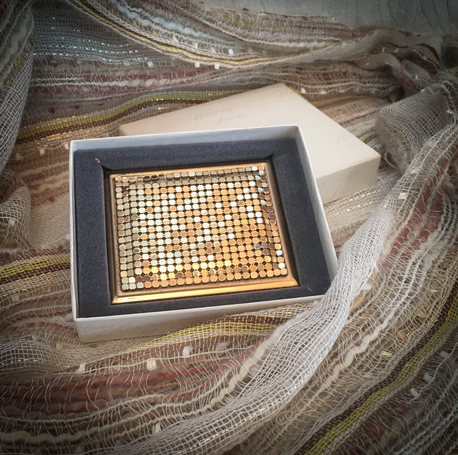 Whiting & Davis Gold Mesh Compact, New in Original Box