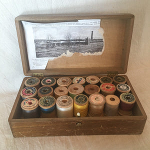 Early 1900's Willimantic Thread Box with Variety of Wooden Spools