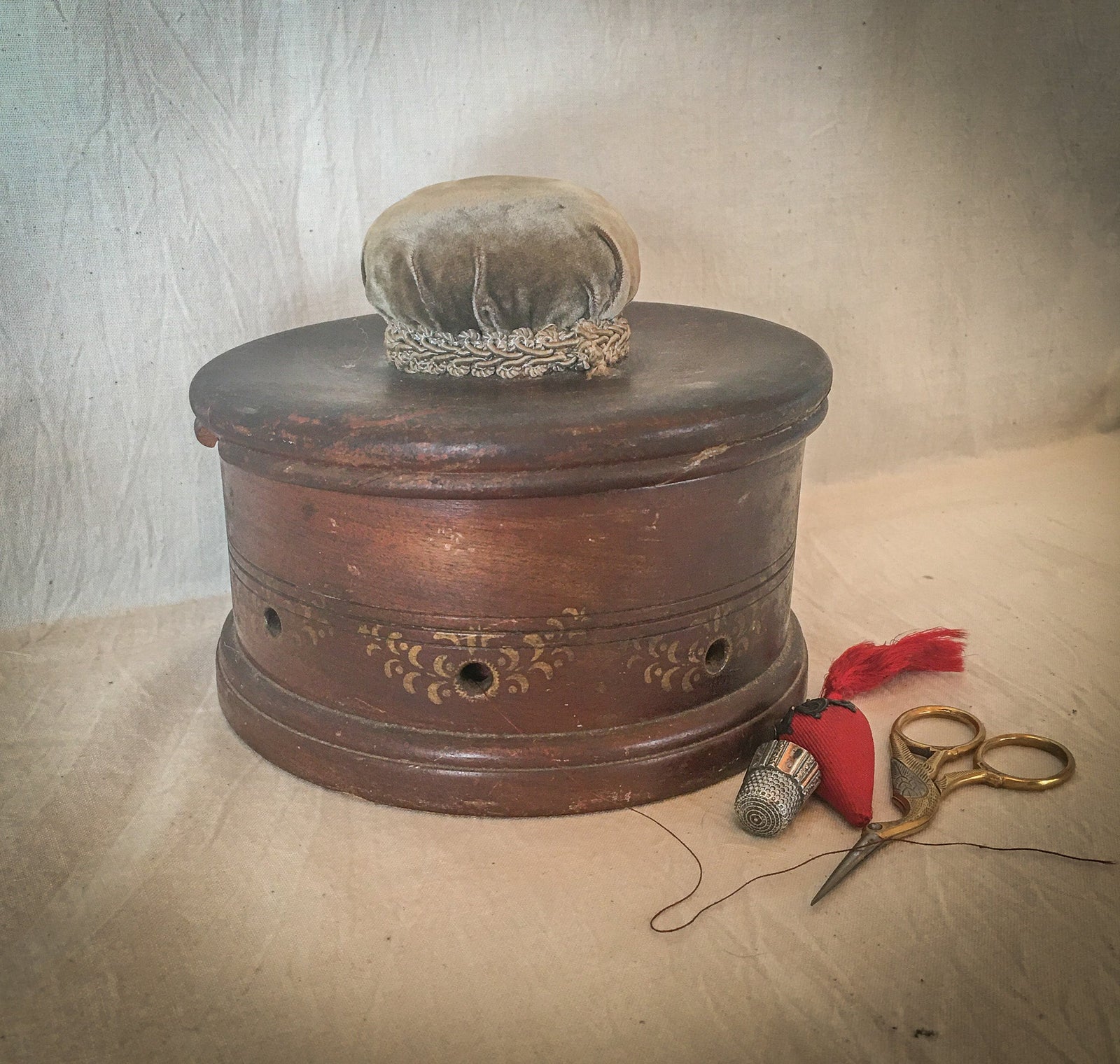 19th Century Spool Box with Pin Cushion
