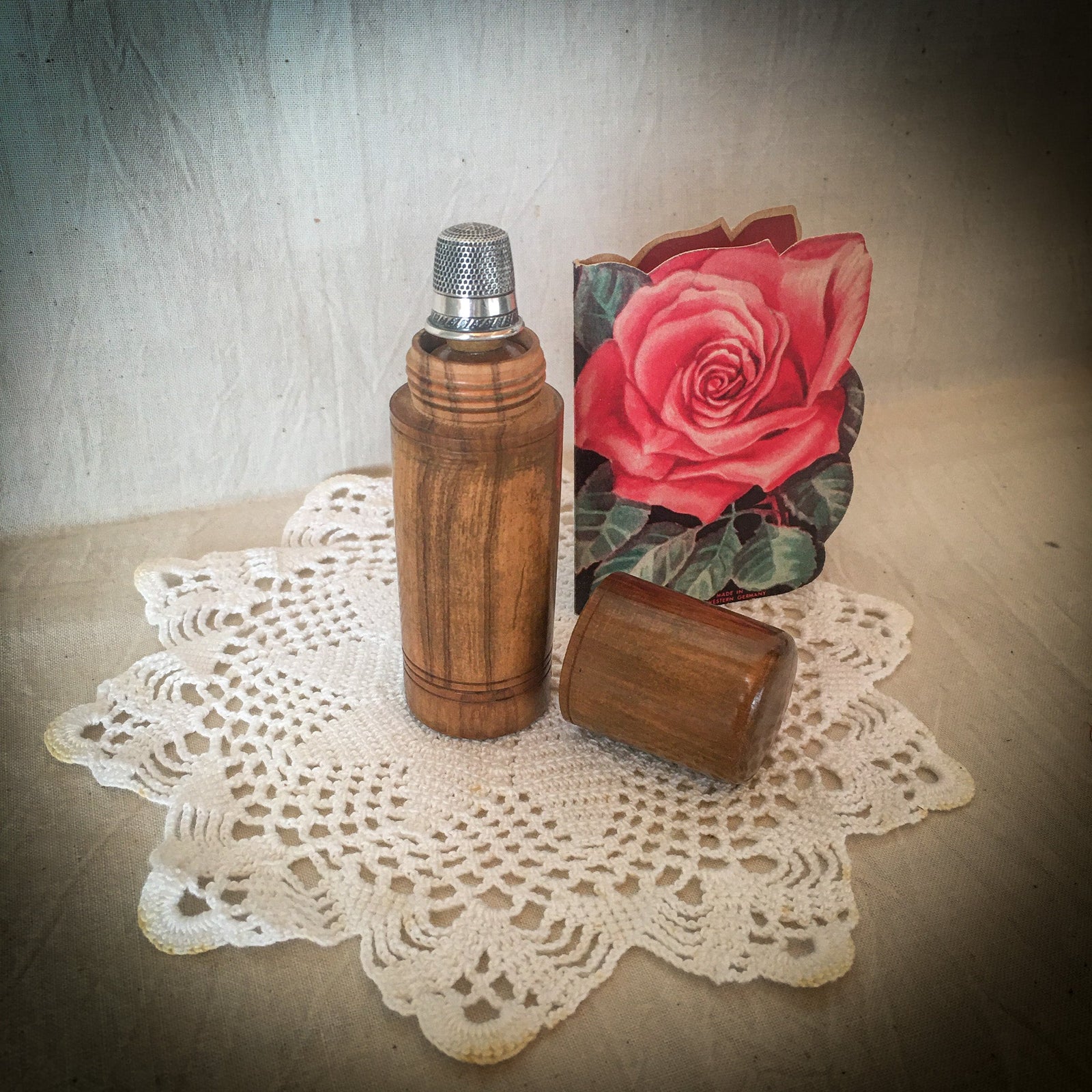 Vintage Wooden Sewing Kit with Sterling Silver Thimble, Size 8