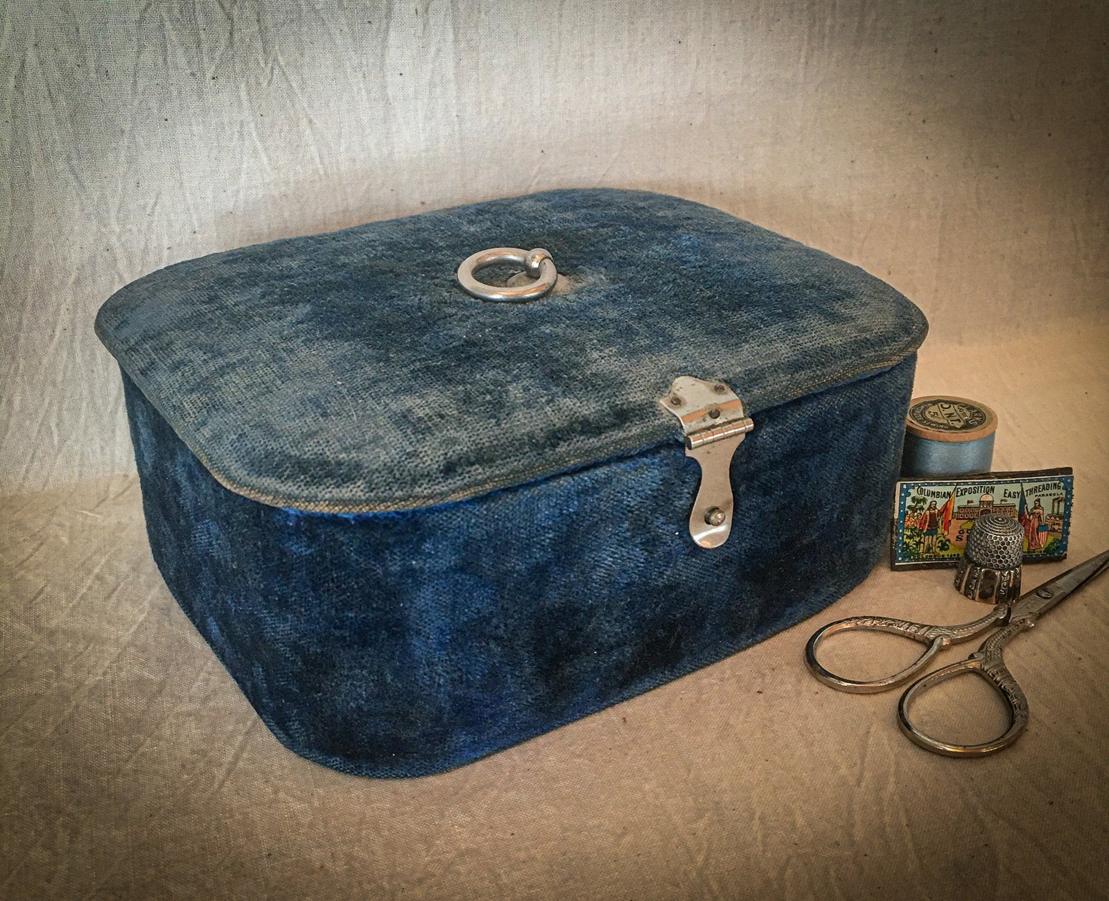 Victorian Era Blue Velvet Sewing Box with Carved Bone Tools