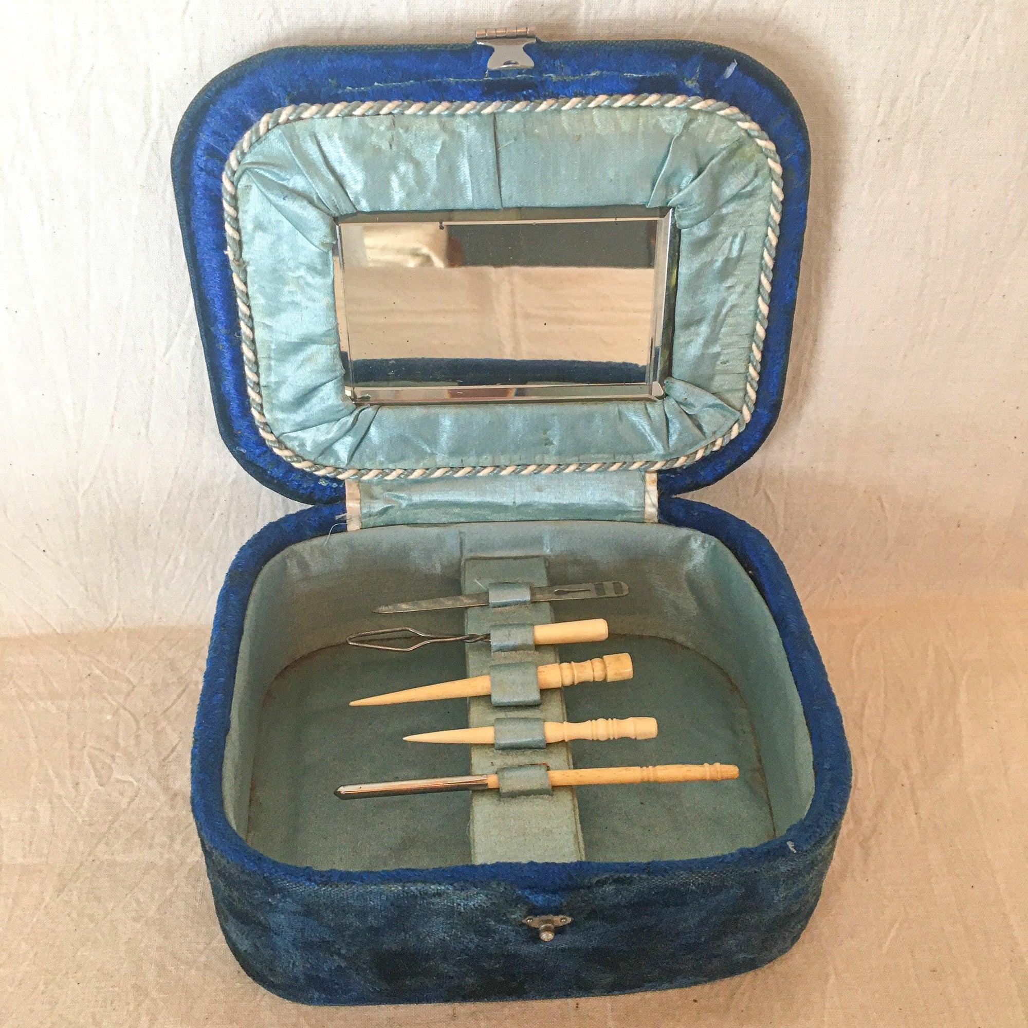 Victorian Era Blue Velvet Sewing Box with Carved Bone Tools