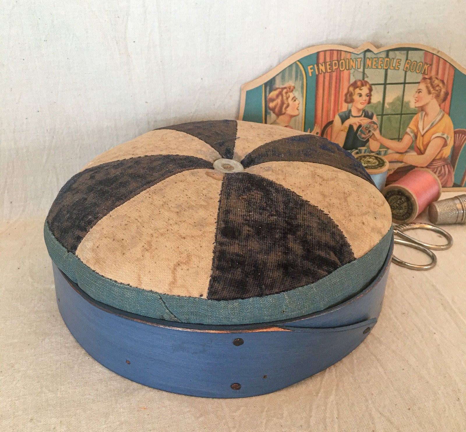 Antique Folk Art Pin Cushion Nestled into a Round Stitcher’s Tray