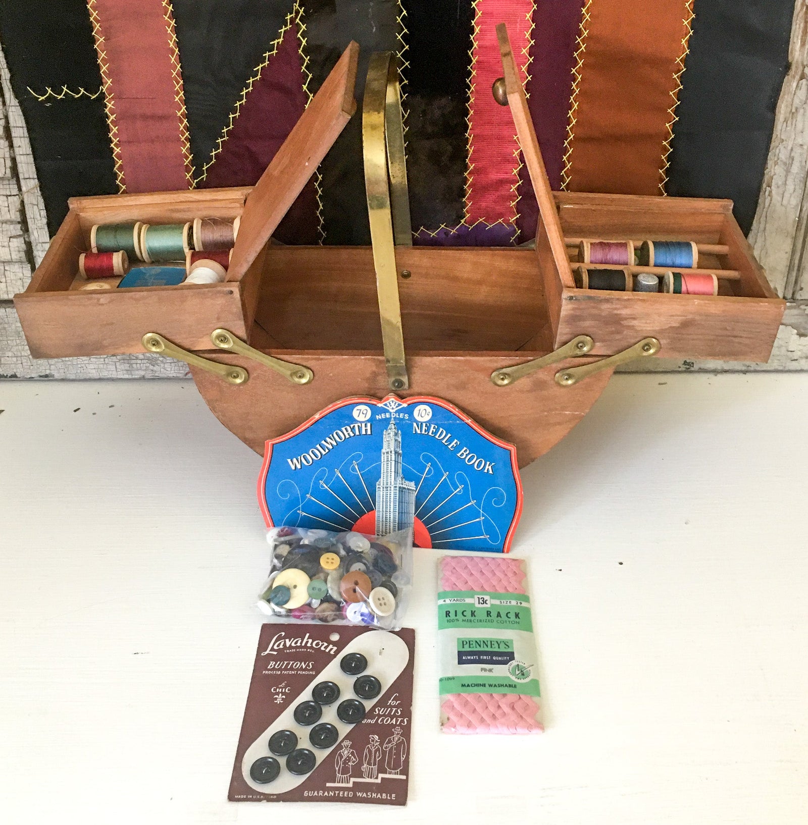 Mid Century Sewing Box with Contents