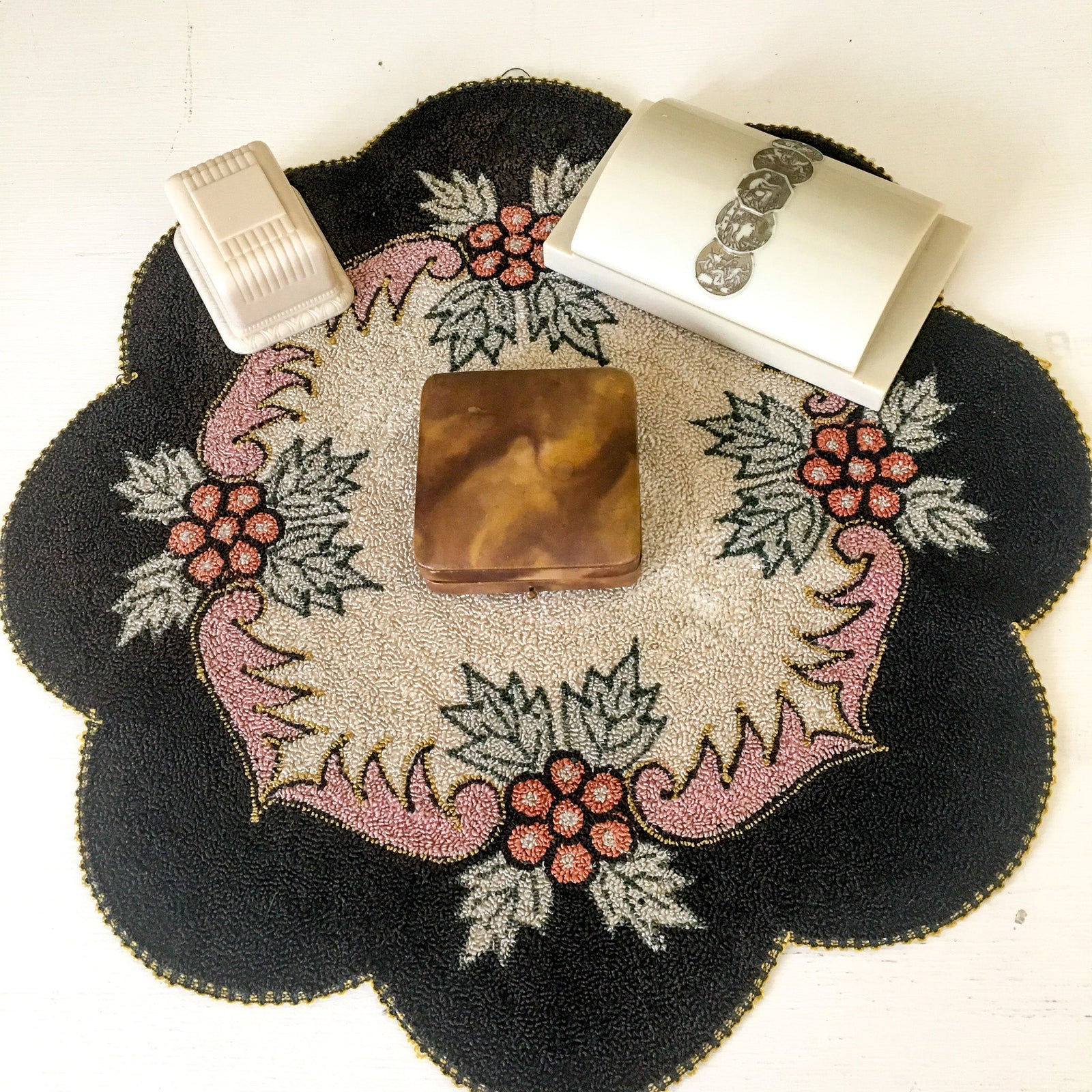 Vintage Jewelry Boxes and 1940's Hooked Doily, Table Mat