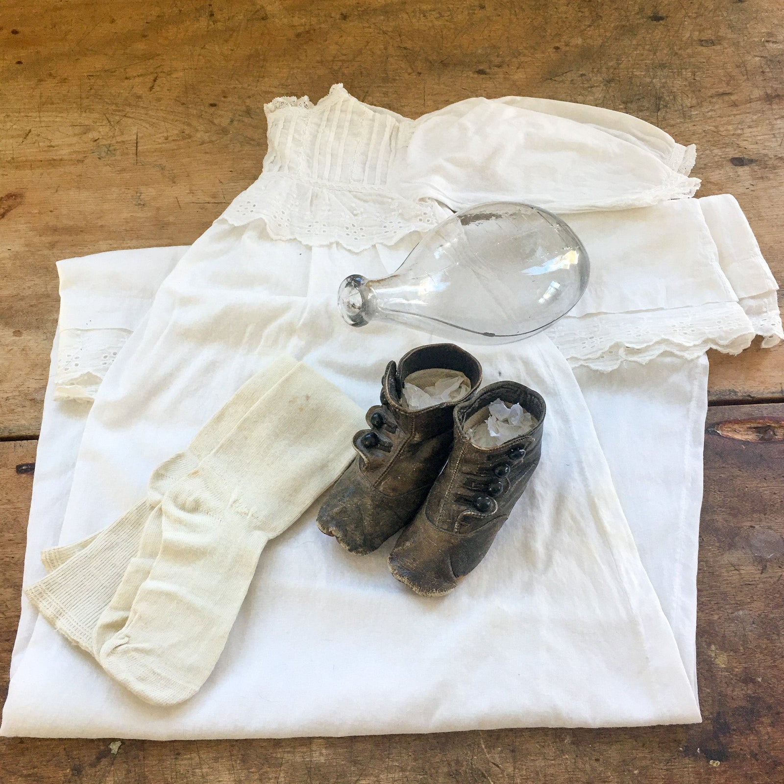 1900's Baby Gown, Stockings, Banjo Bottle and Leather Shoes