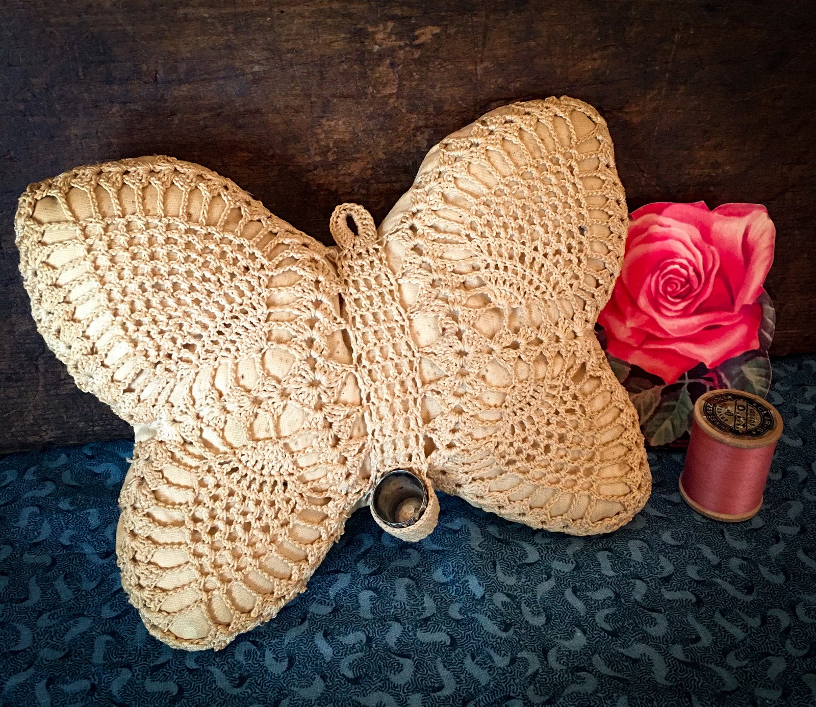 Vintage Hand Made Butterfly Pin Cushion with Sterling Silver, Gold Wash Thimble