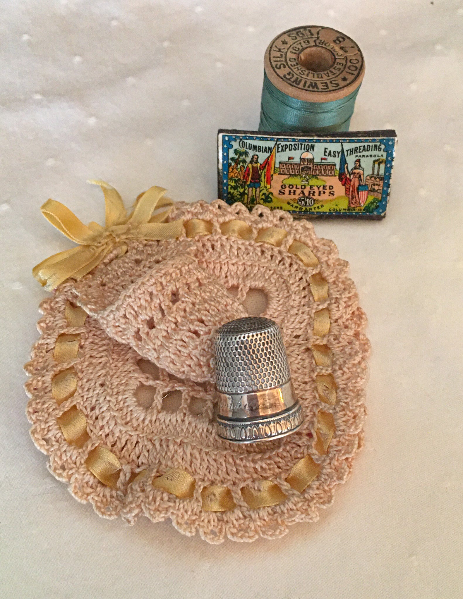 Vintage Crocheted Pin Keep with Thimble Pocket and Sterling Silver Thimble “Mother”