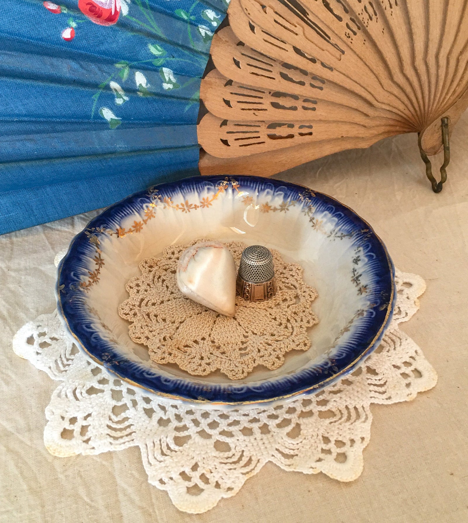 Antique Silk Strawberry with Velvet Hull and Stern Bros. Thimble, Sterling Silver with Gold Band