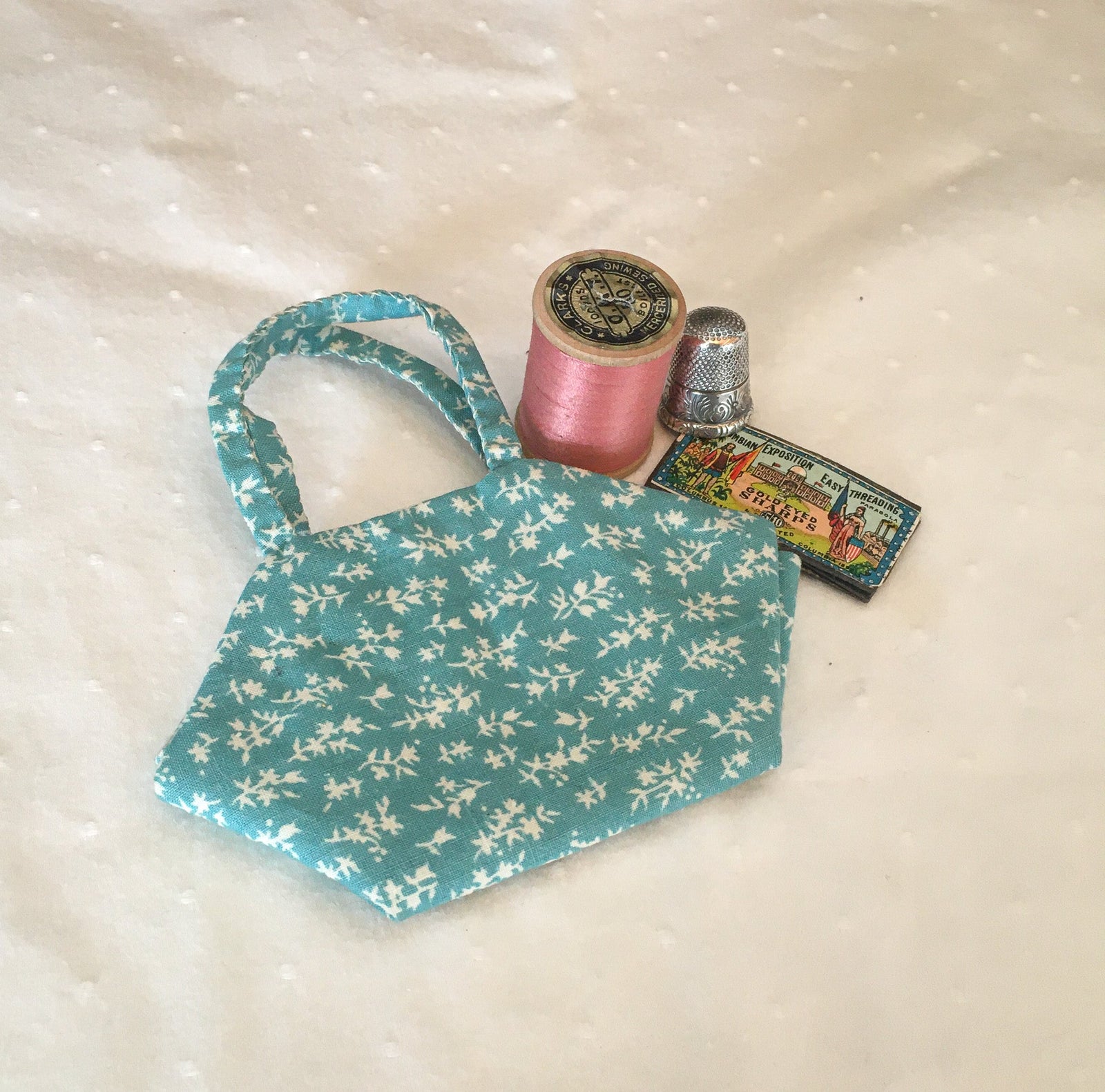 Vintage Sewing Kit, Hand Made Tiny Tote Bag!