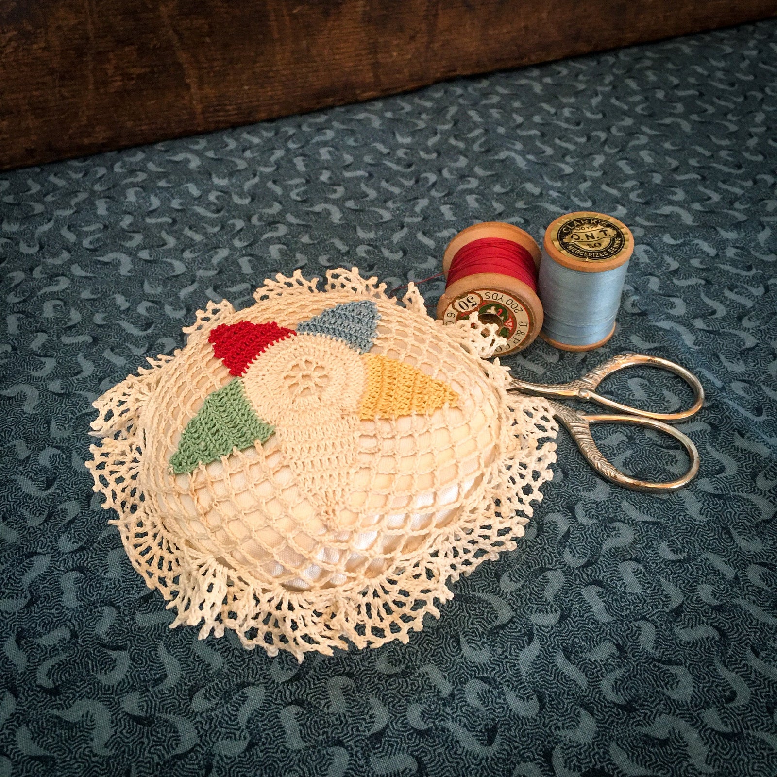 Vintage Silk Pin Cushion with Crochet Overlay