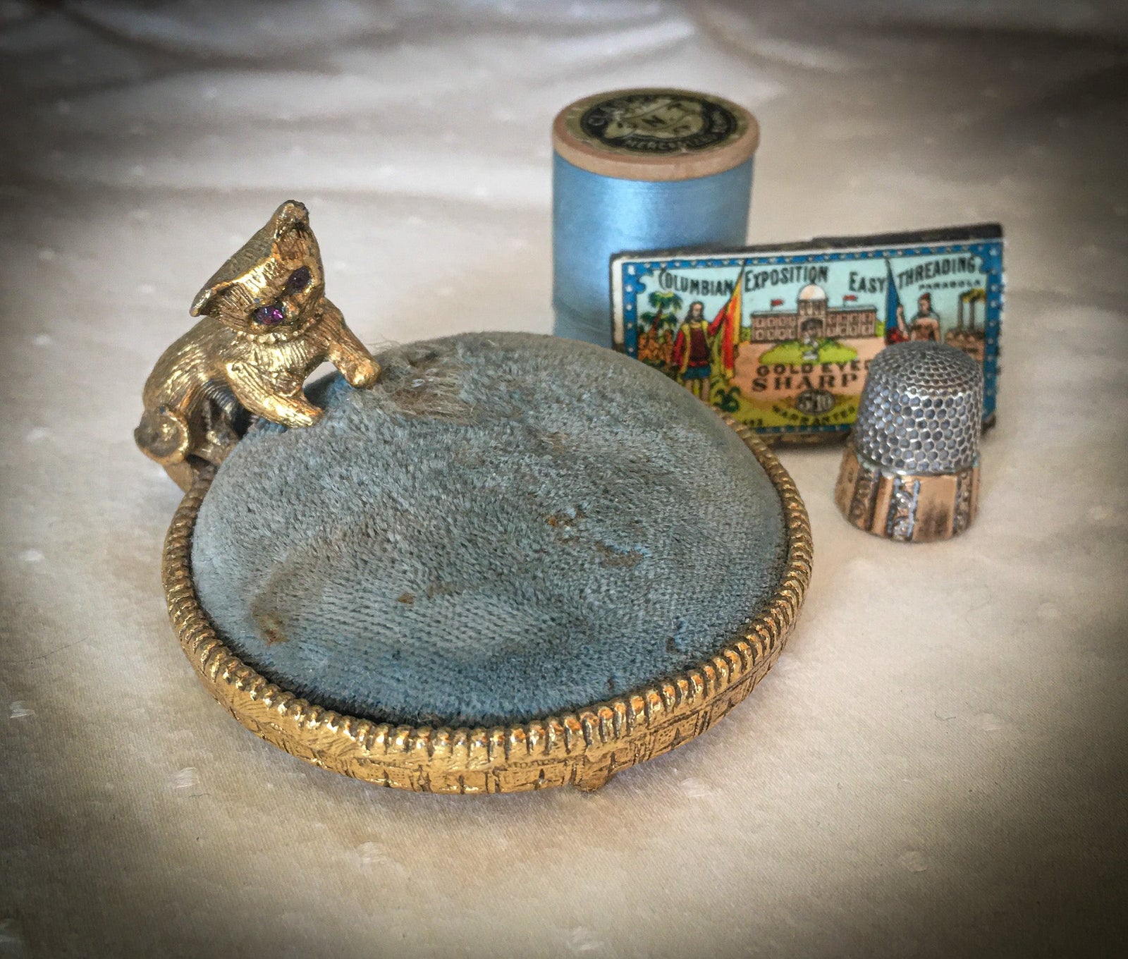 Velvet Pin Cushion, Gold Tone Metal Basket with Kitty!