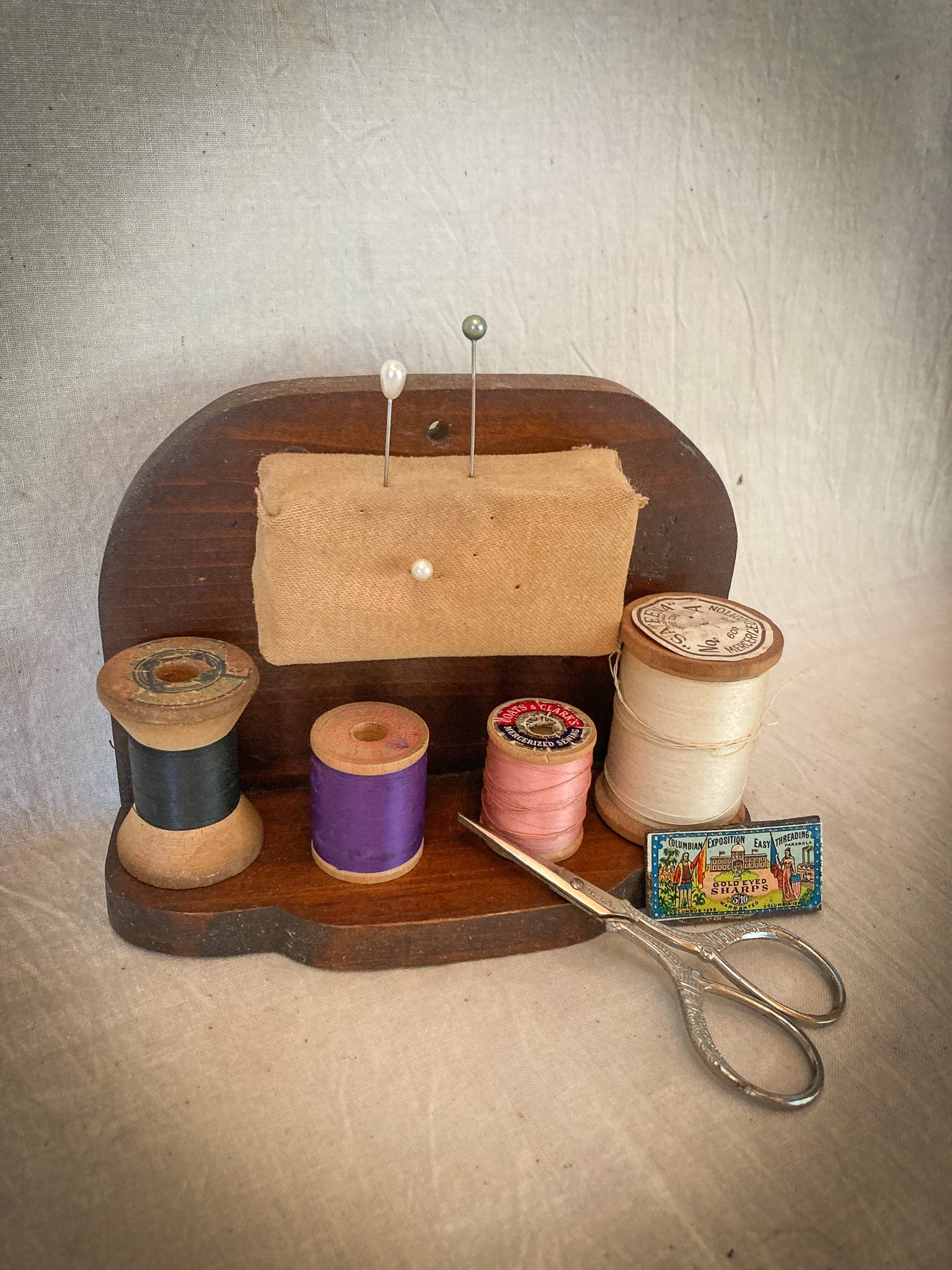 Vintage Spool Holder with Pin Cushion