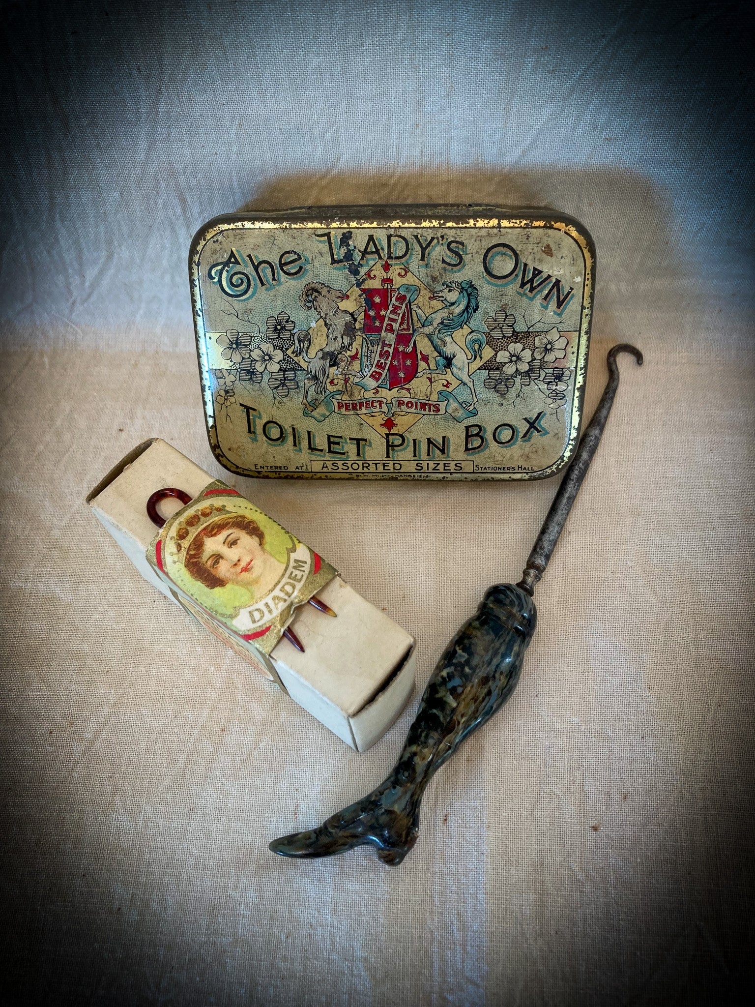 1920’s – 1930’s Vanity Items, The Lady’s Own Toilet Pin Box, Diadem Hair Pins, and Fancy Boot Hook
