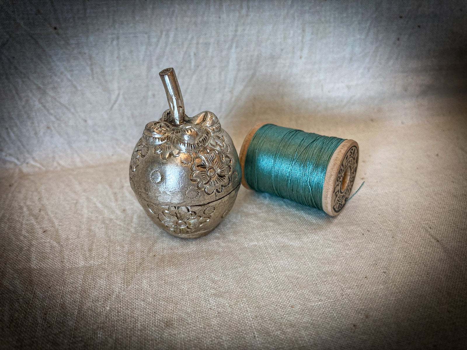 Antique Silver Thimble Holder and Simons Bros Sterling Silver Thimble with Gold Band