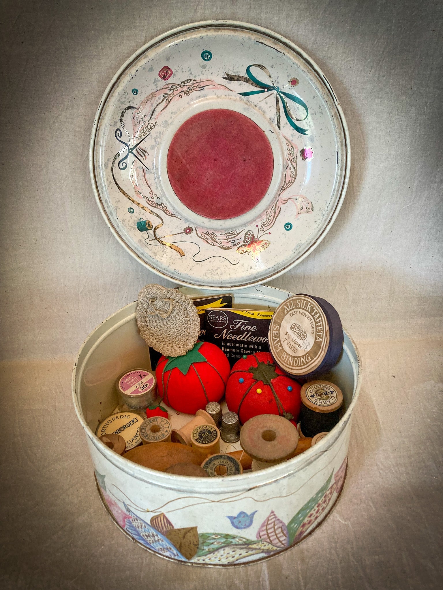 Mid Century Sewing Tin with Velvet Pin Cushion Top, Includes Contents