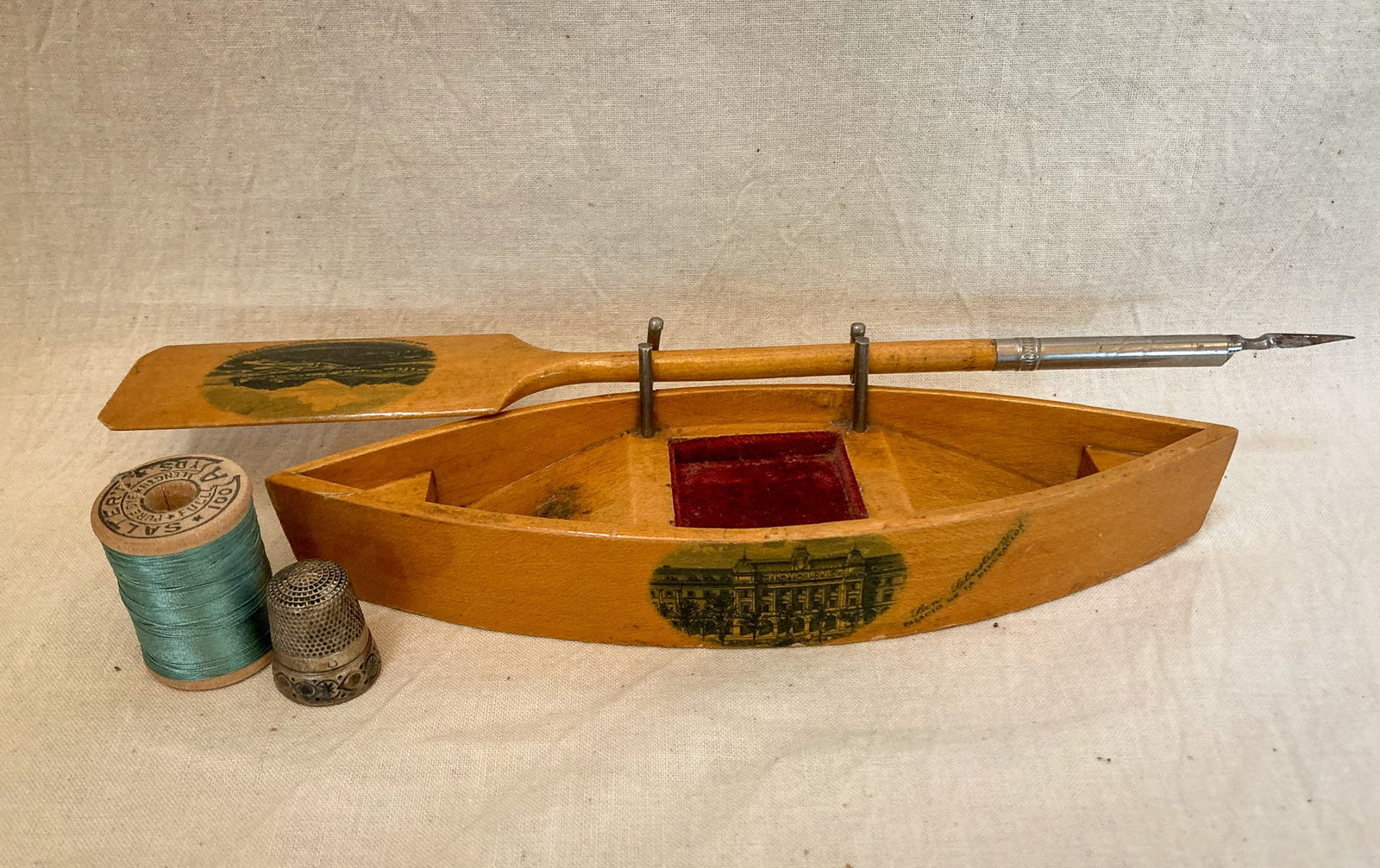 Late 1800’s Mauchline Ware Row Boat and Fountain Pen Oar, “San Sebastian”