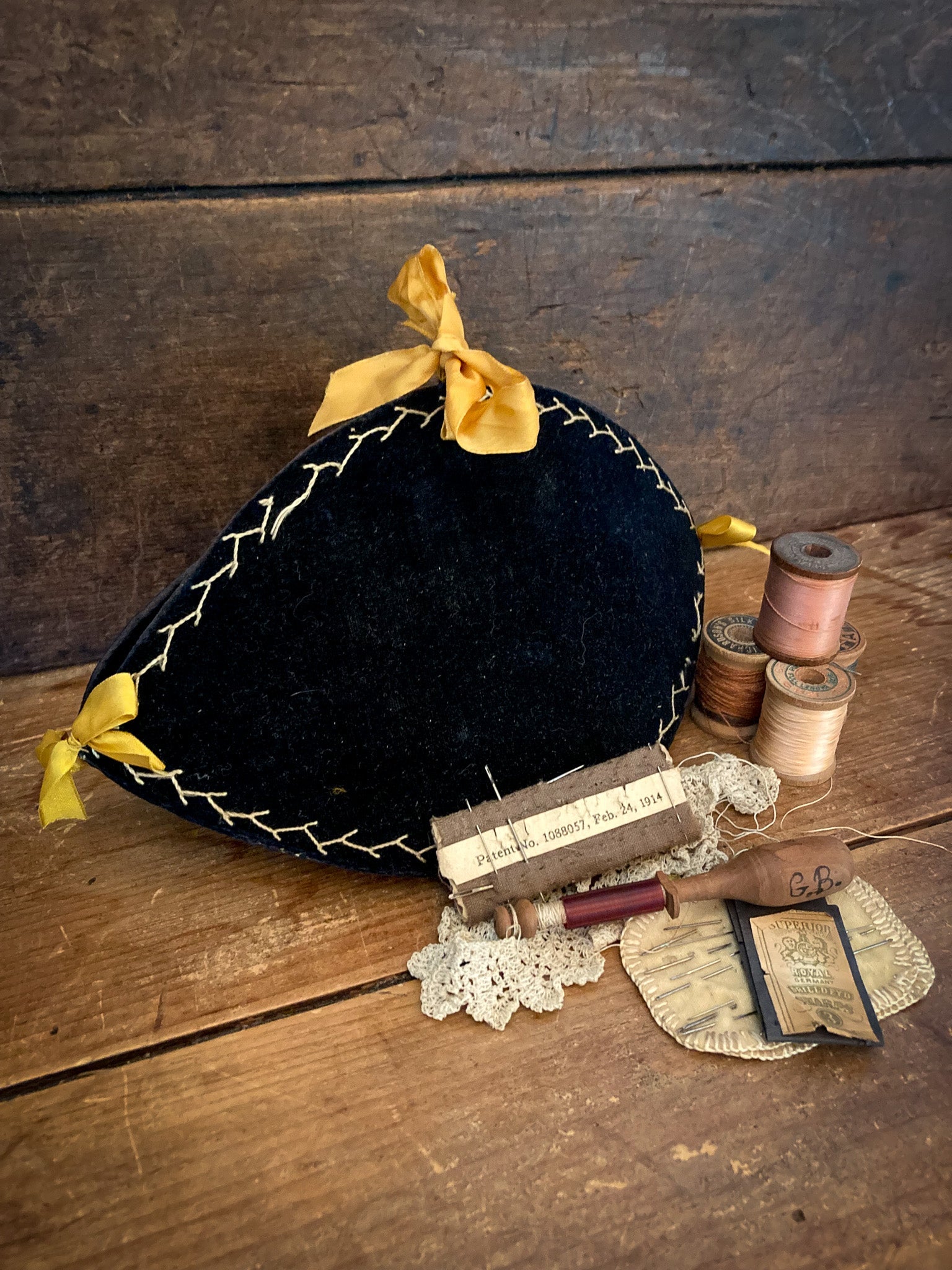 Victorian Velvet Sewing Wedge and Contents