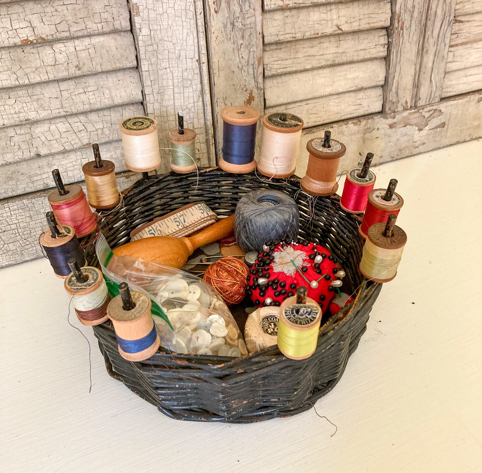 Vintage Sewing Basket with Spool Holders, Contents Included