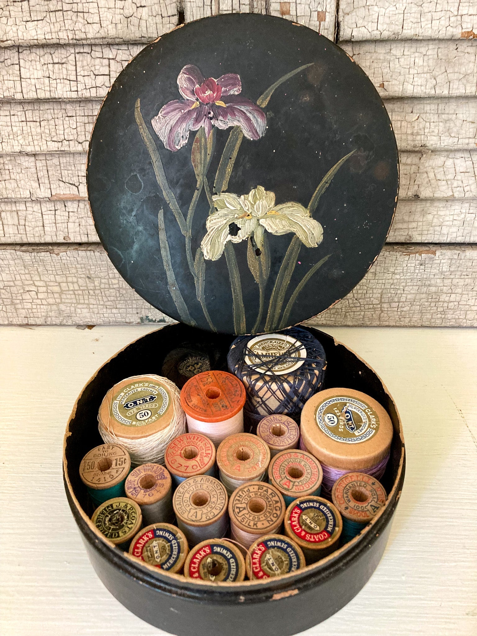 Vintage Paper Mache Box with Hand Painted Iris, Includes 19 Spools Vintage Thread