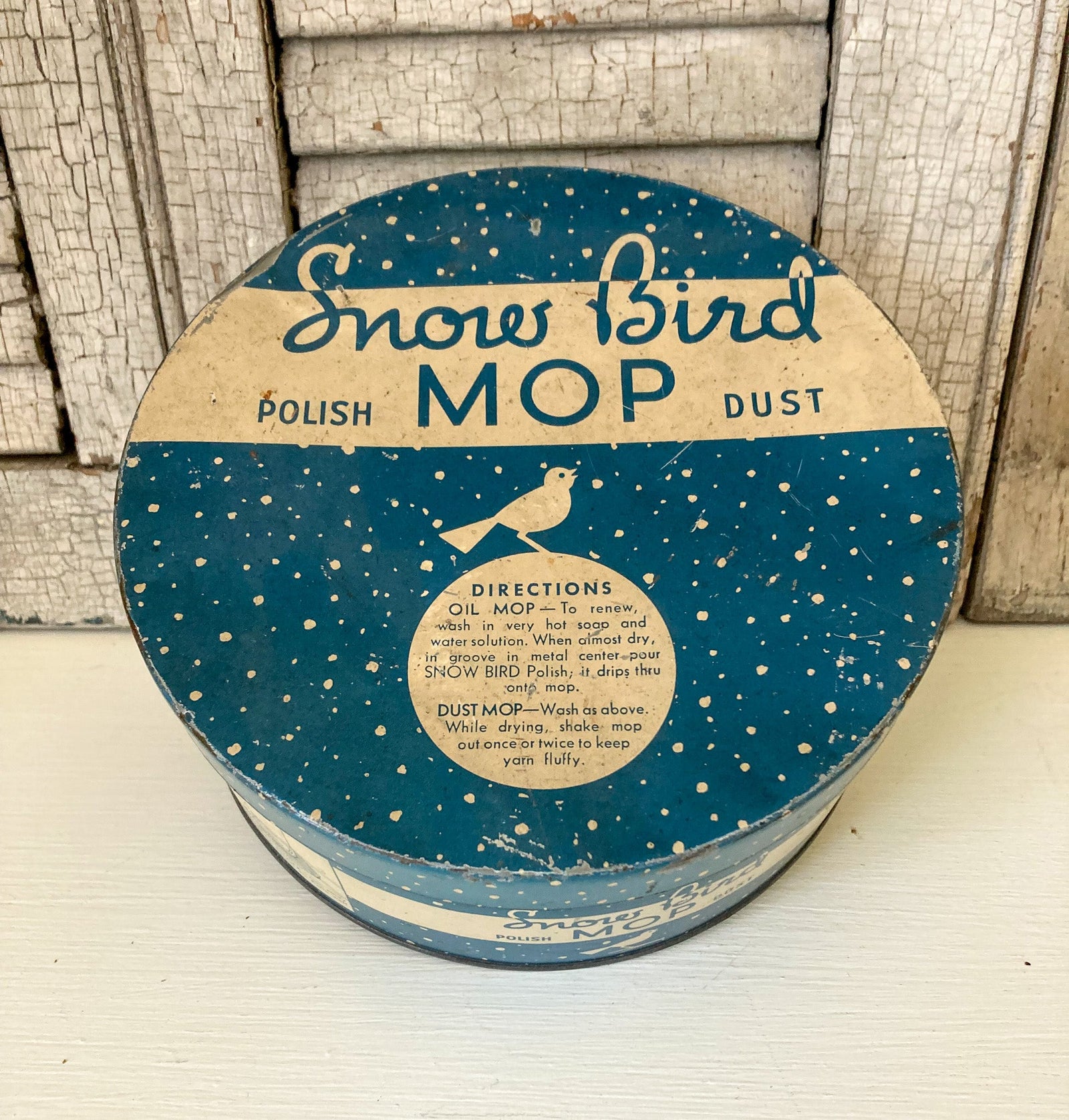 Mid Century Snow Bird Mop Polish Tin with Buttons