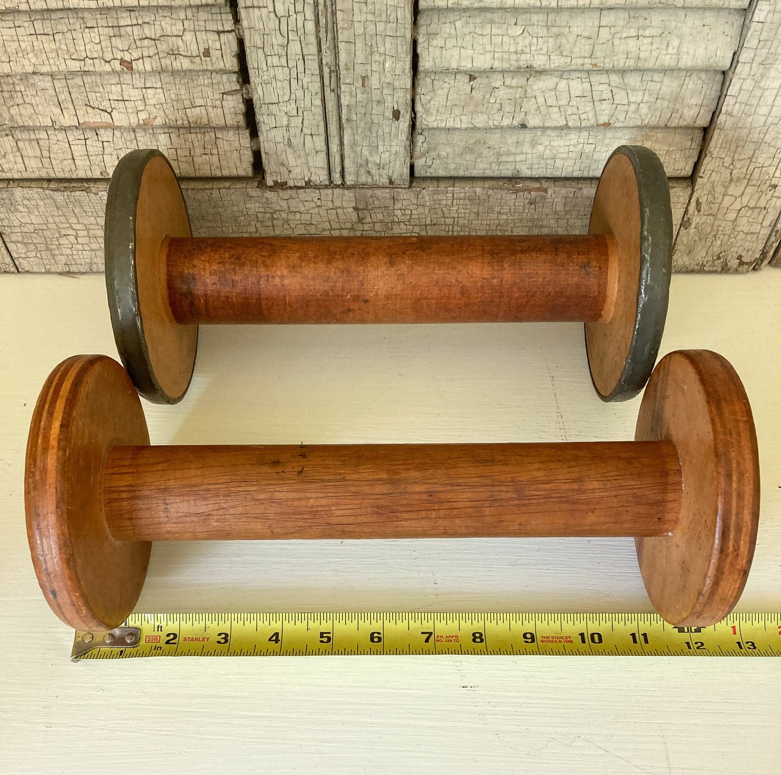 Set of 2 Large Wooden Spools, 12” and 10.5”