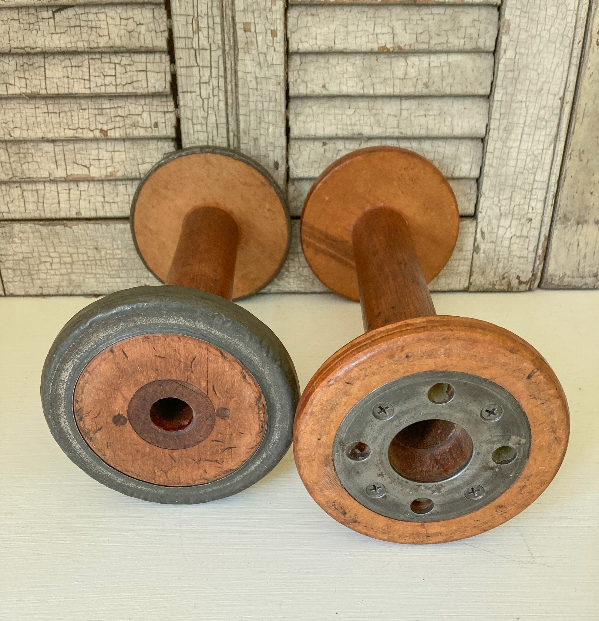 Set of 2 Large Wooden Spools, 12” and 10.5”