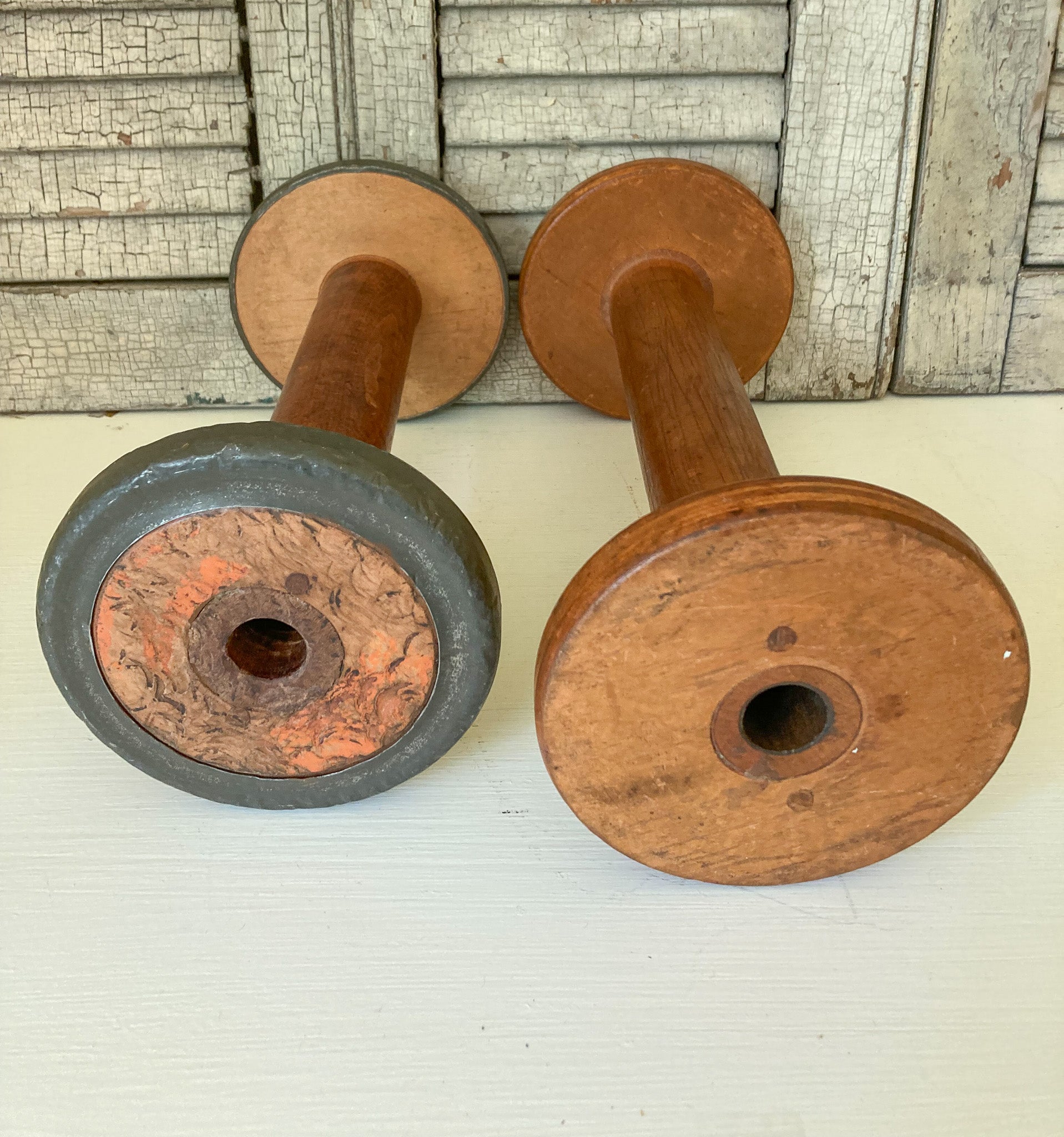 Set of 2 Large Wooden Spools, 12” and 10.5”