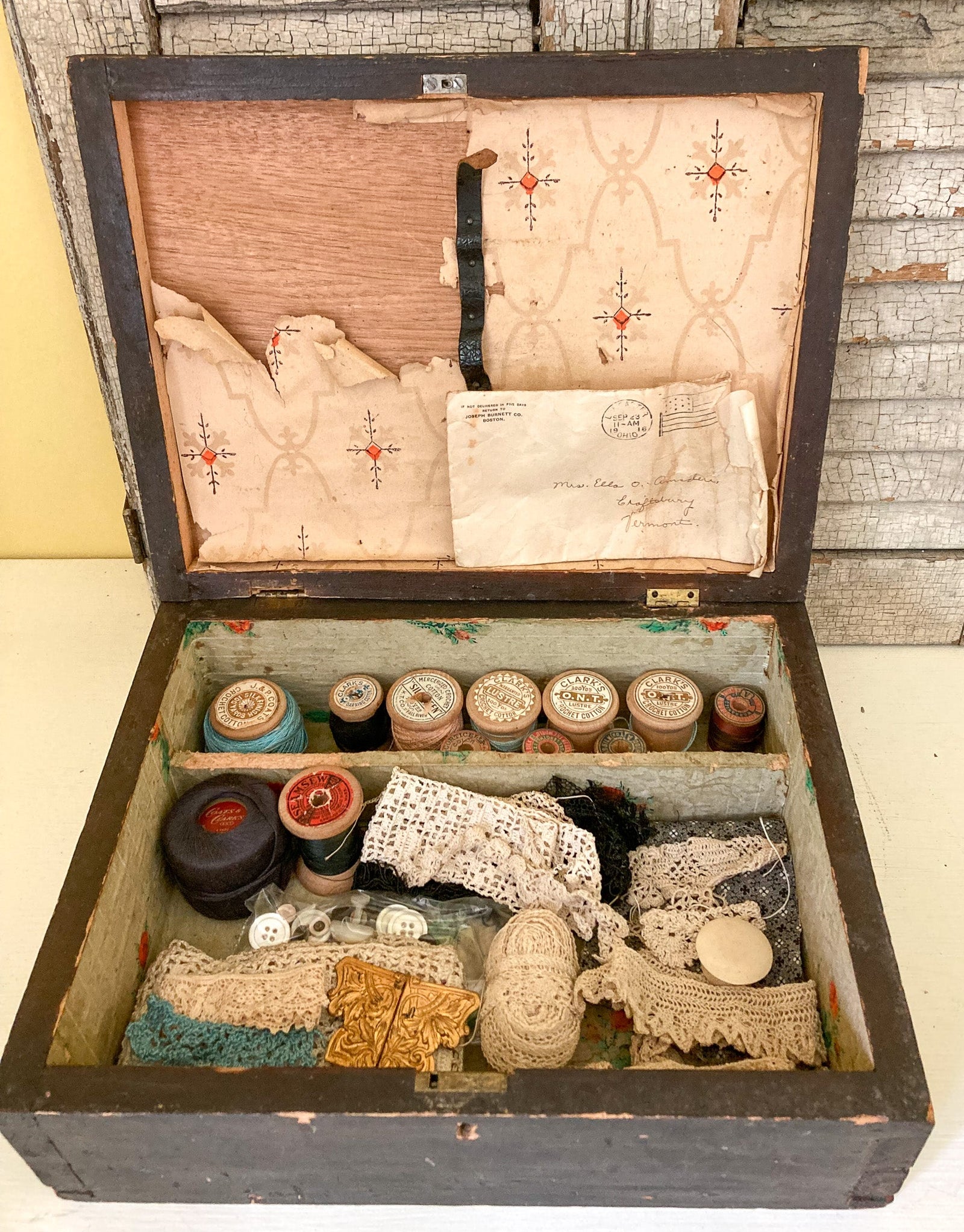 Antique Hand Made Dovetailed Sewing Box with Contents, Box needs repair