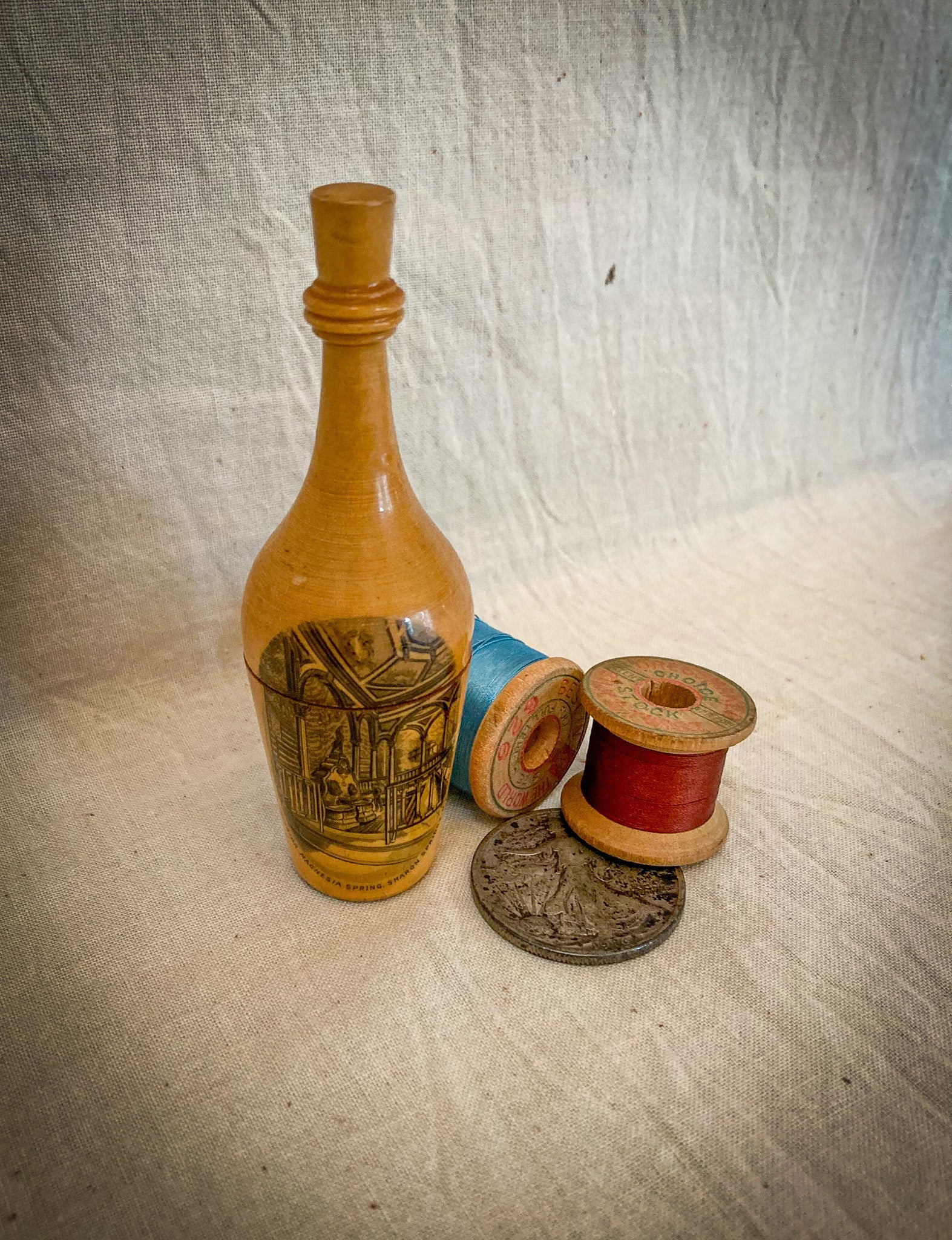 Late 1800’s Mauchline Ware Sewing Kit, “Interior Magnesia Springs, Sharon Springs, NY”