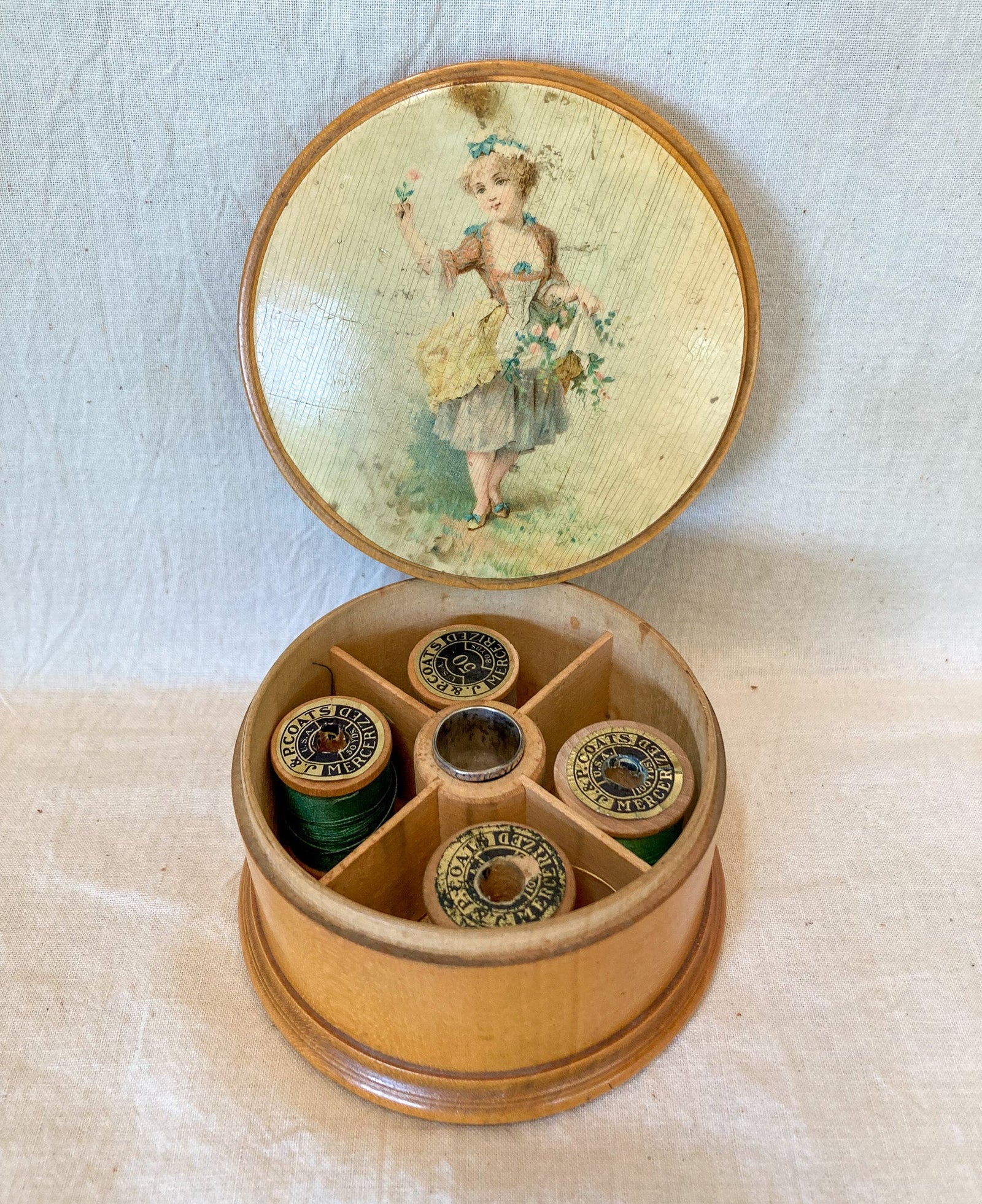 1890’s J&P Coats Spool Cotton Thread Box with Thread and Sterling Silver Thimble