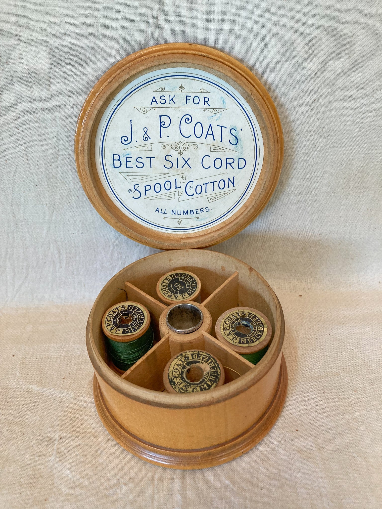 1890’s J&P Coats Spool Cotton Thread Box with Thread and Sterling Silver Thimble