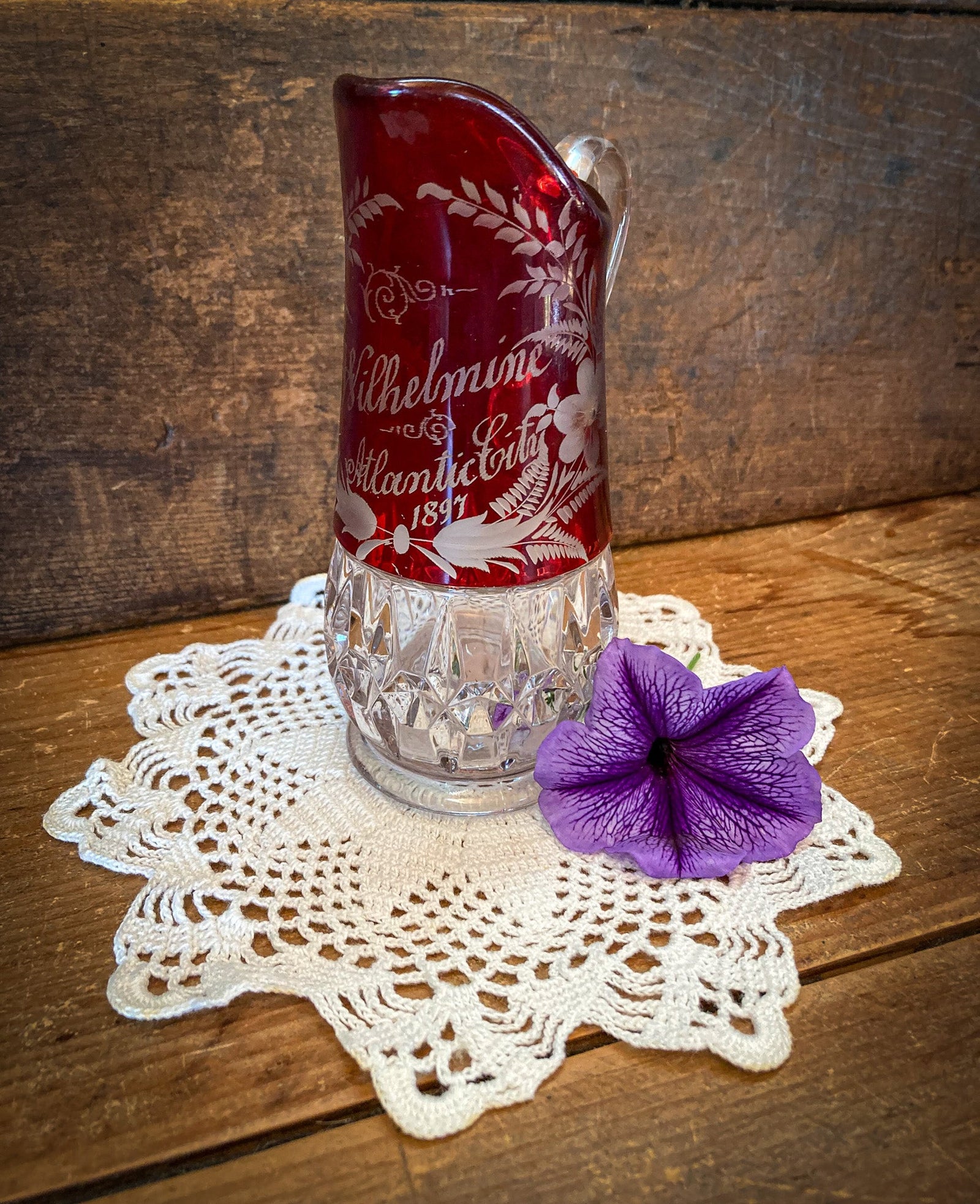 1897 Ruby Red and Cut Glass Pitcher, Souvenir of Atlantic City
