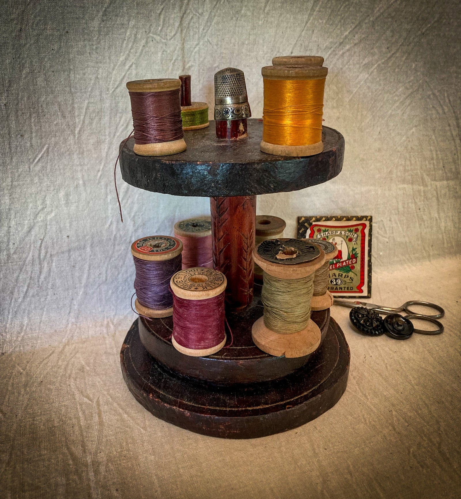Vintage Folk Art Spool Holder with Sterling Silver Thimble and Spools