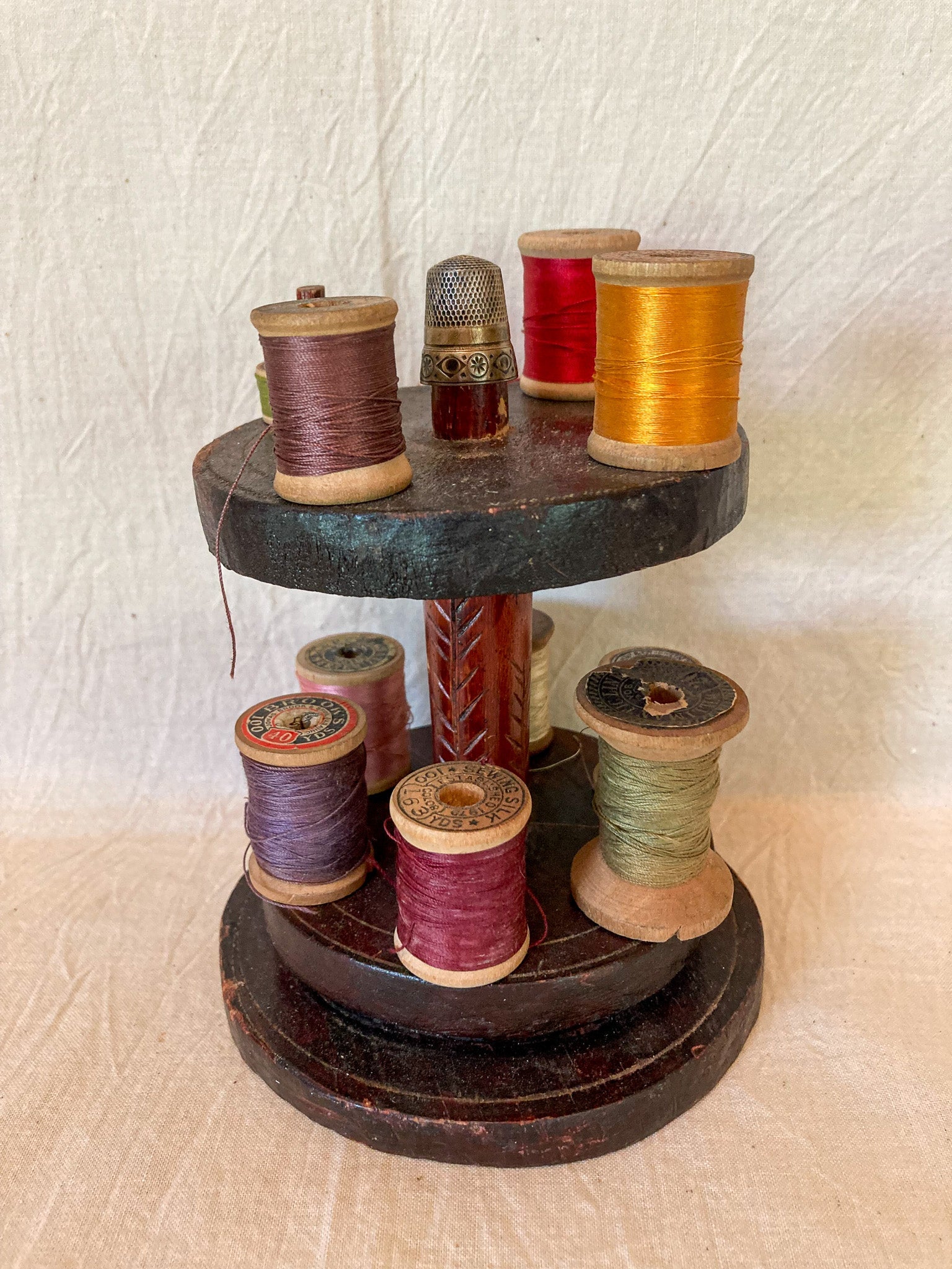 Vintage Folk Art Spool Holder with Sterling Silver Thimble and Spools