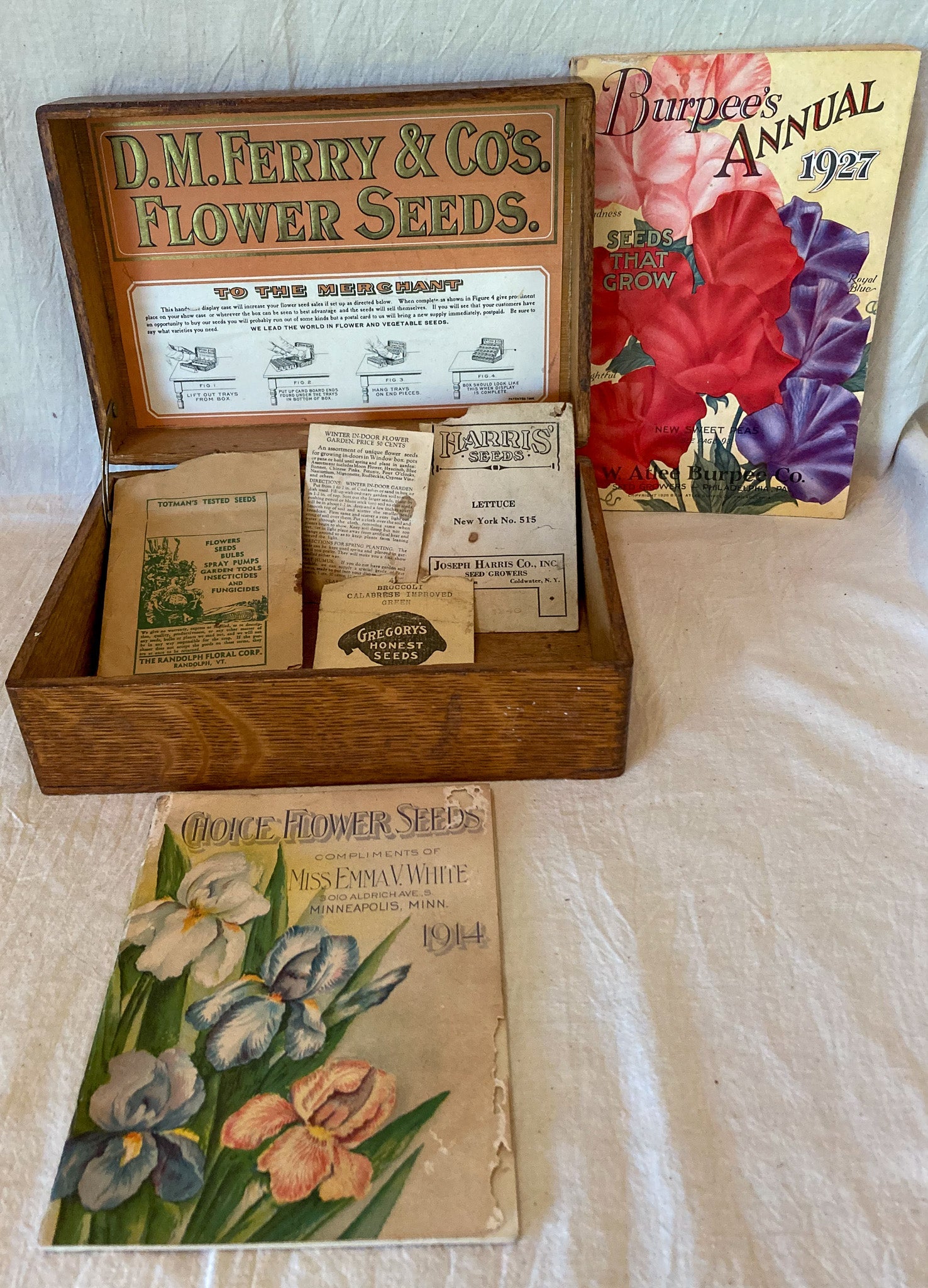 Early 1900’s Flower Seed Box, 1914 Choice Flower Seeds Catalog and 1927 Burpee’s Seed Catalog