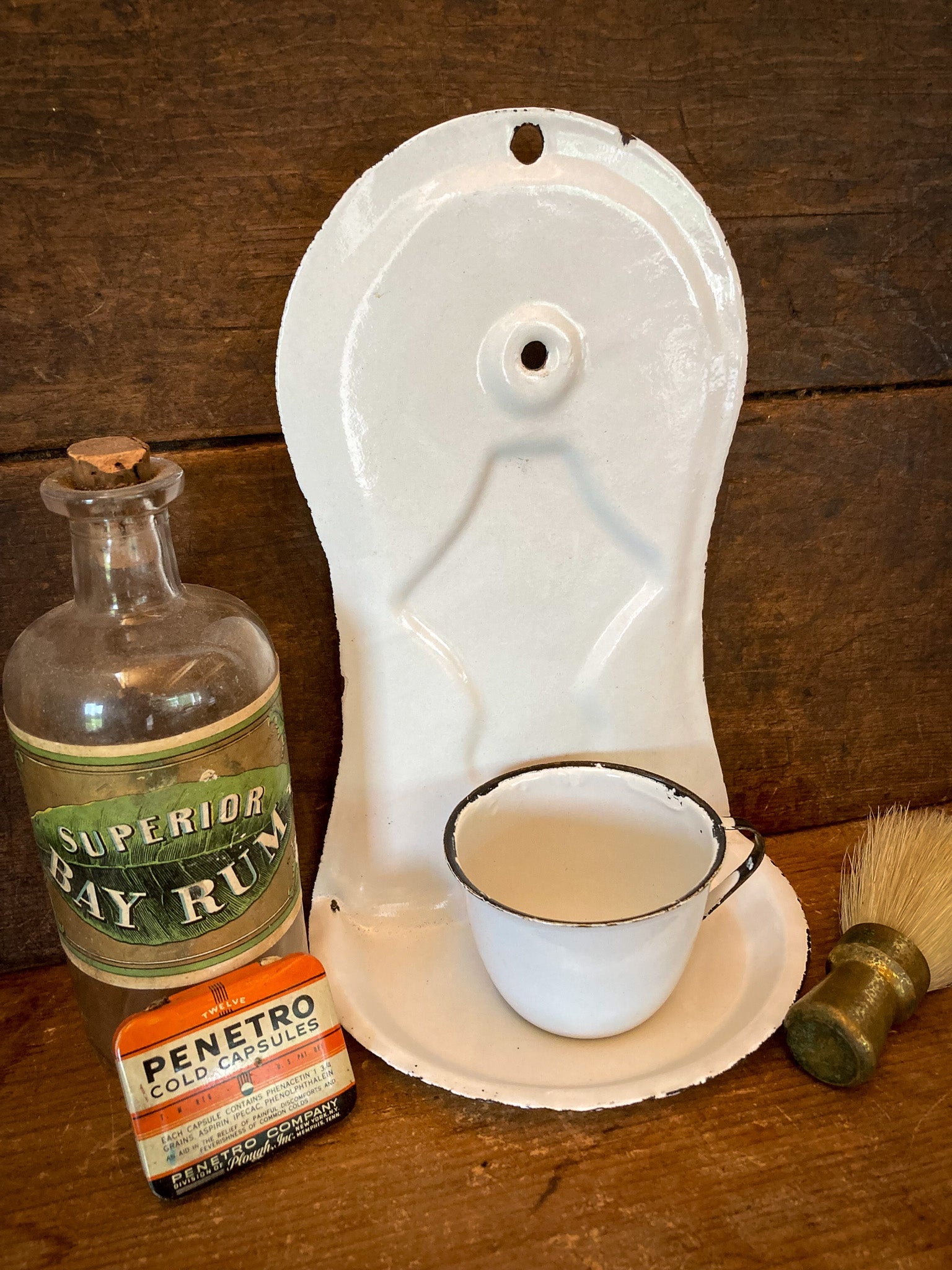 Depression Era Enamelware Wall Mounted Cup Holder and Cup