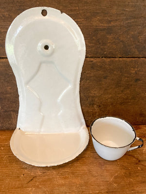 Depression Era Enamelware Wall Mounted Cup Holder and Cup
