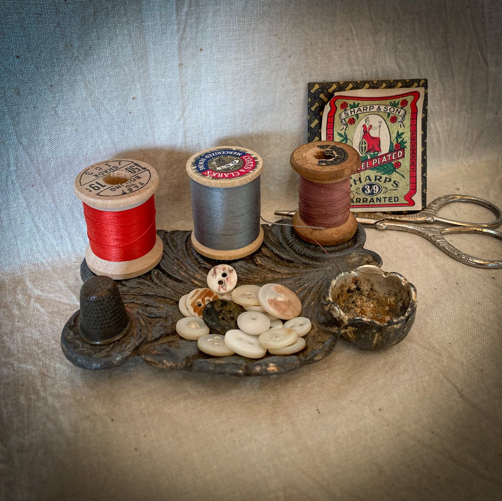 Victorian Era Cast Iron Spool Holder with Spools, Brass Thimble and Buttons
