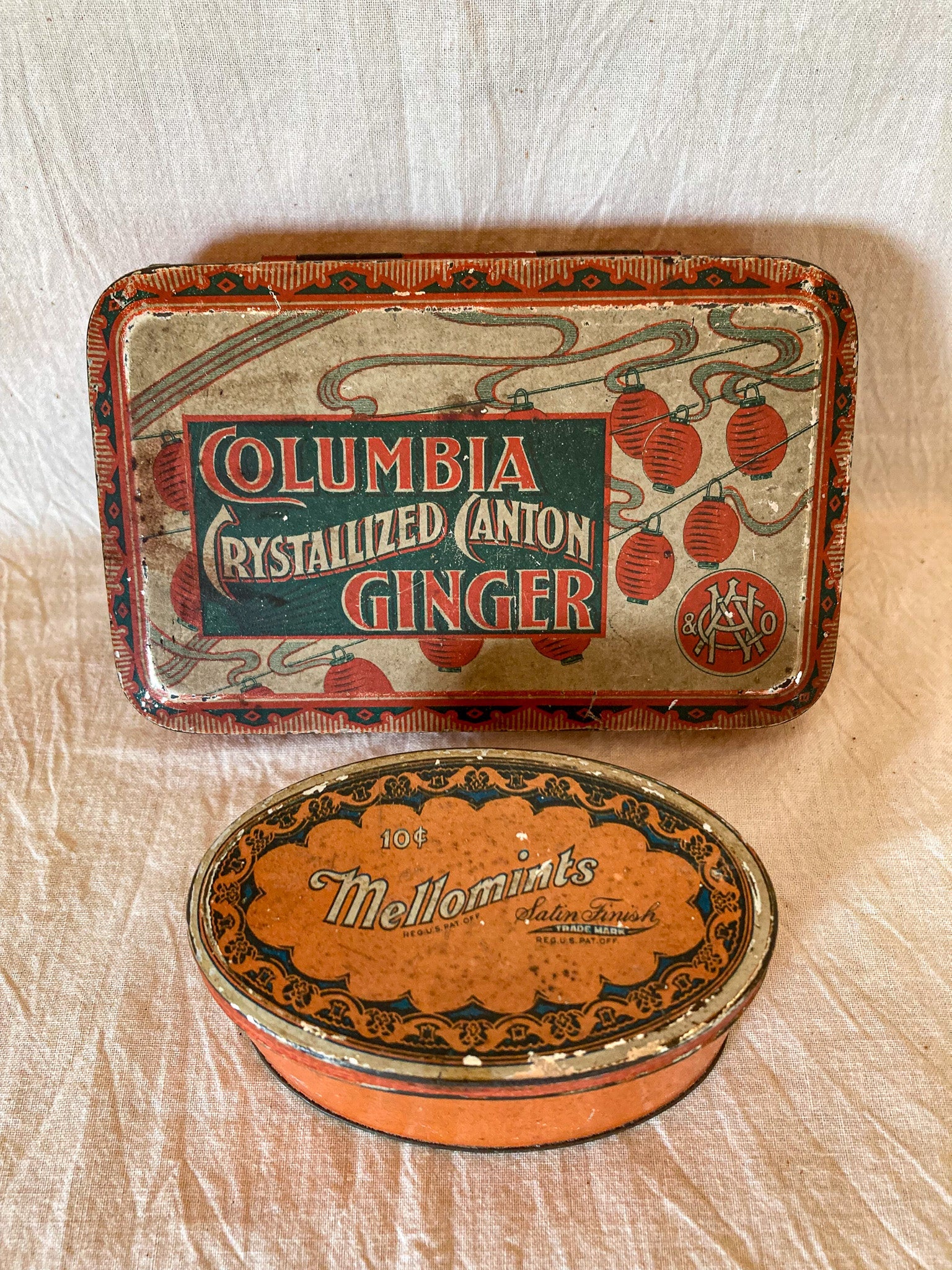 Set of 2 1920’s – 1930’s Tins:  Mellomints and Columbia Crystallized Canton Ginger