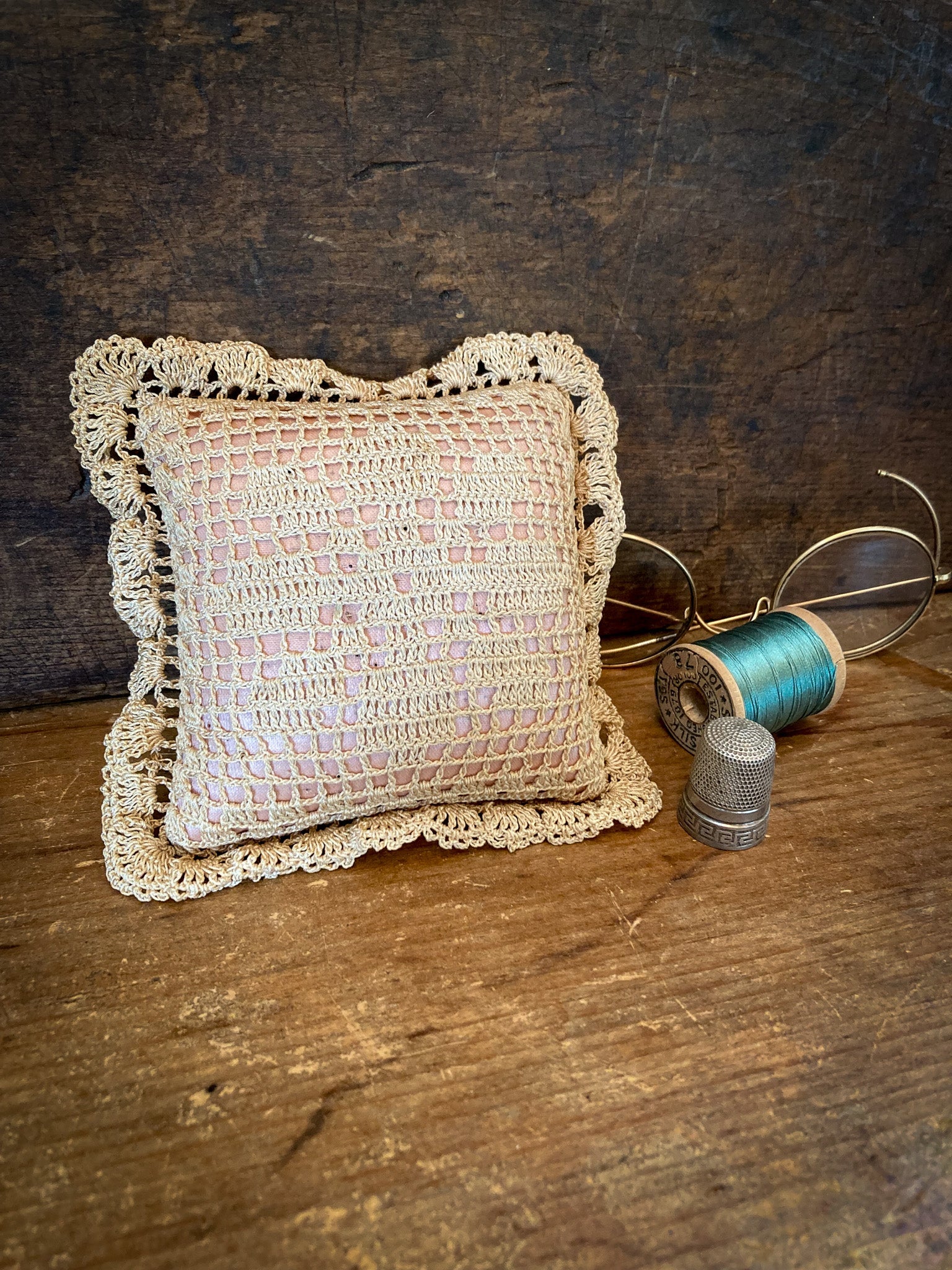 Vintage Crocheted Over Silk Pin Cushion