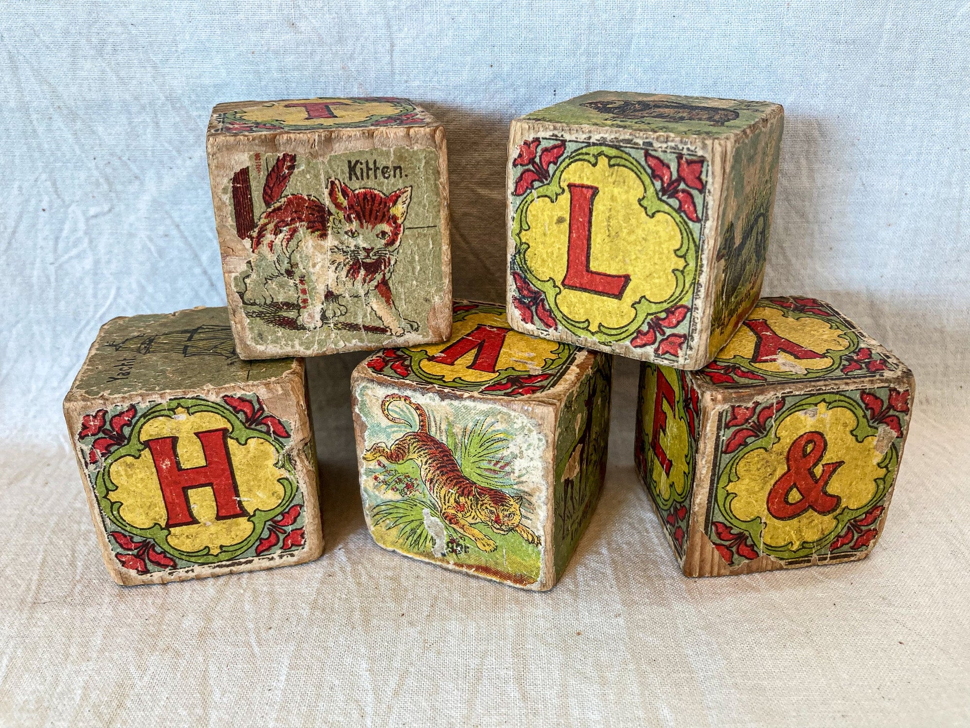 Set of 17 Antique Children’s Alphabet Blocks, Most with Colorful Lithographs!