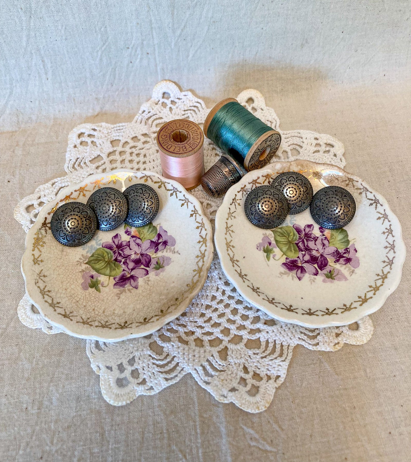 Set of 2 Antique Butter Pat Plates with 6 Metal Buttons