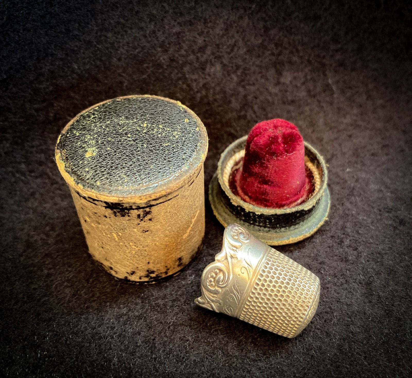 Late 1800’s Sterling Silver Thimble in Original Leather and Velvet Presentation Case